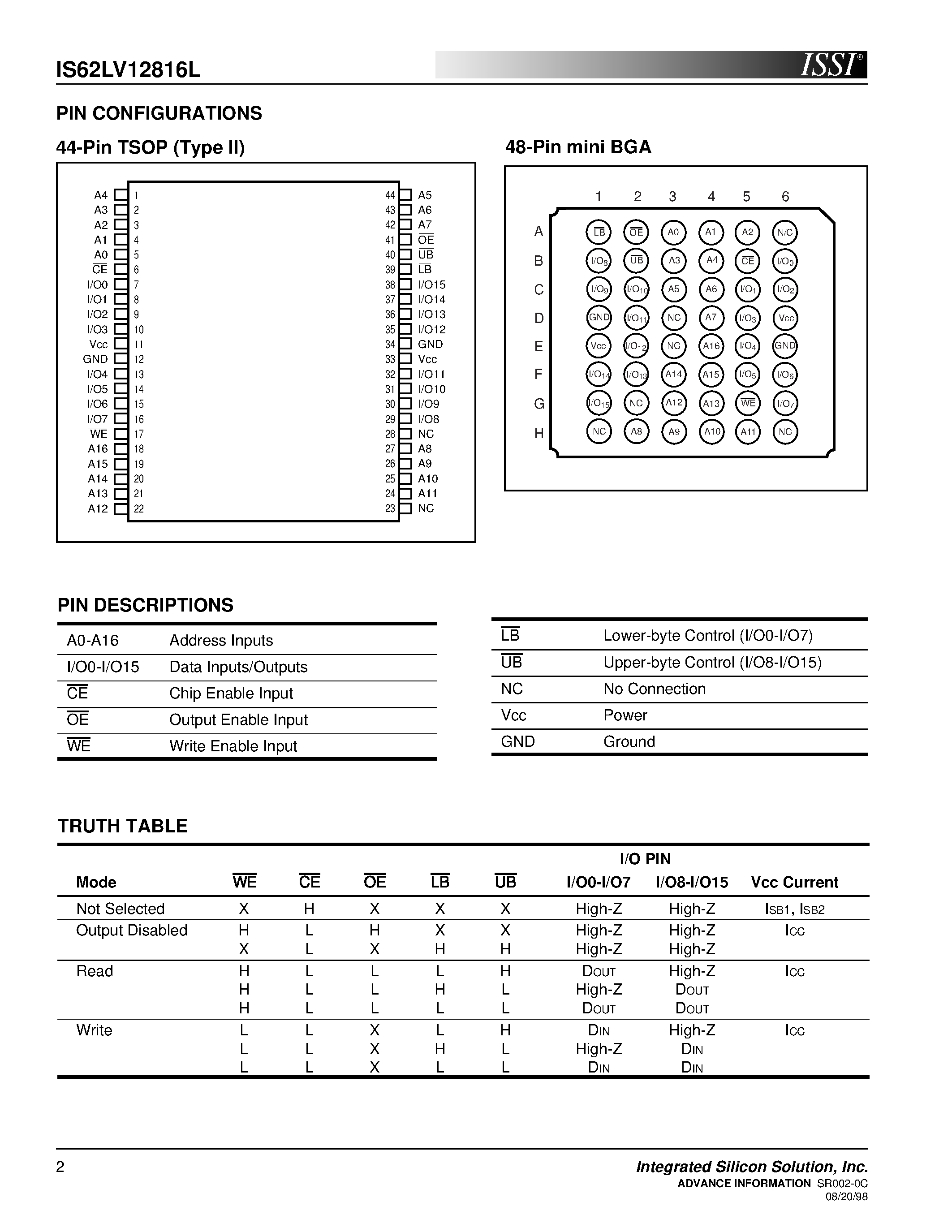 Даташит IS62LV12816L-120T - 128K x 16 CMOS STATIC RAM страница 2