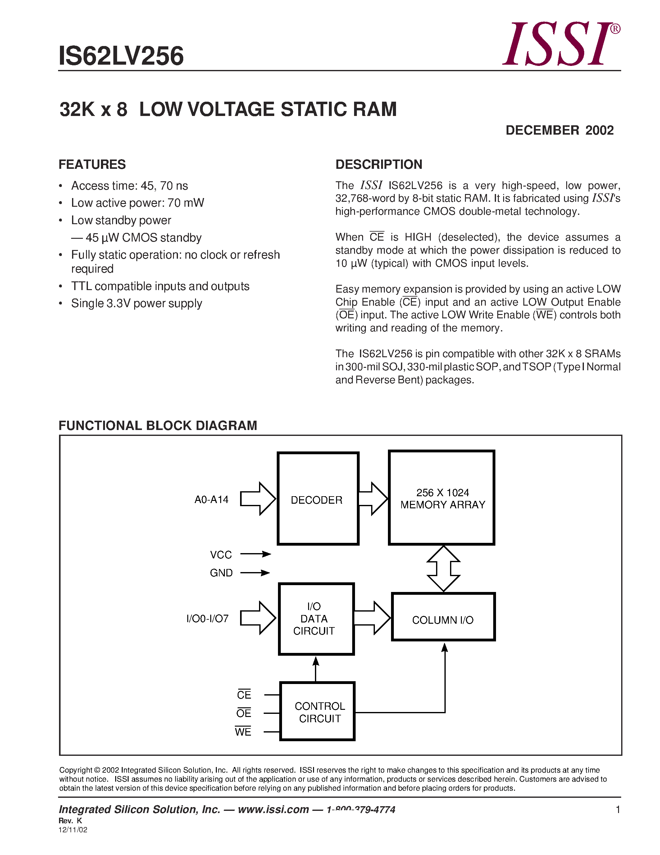 Даташит IS62LV256-70RTI - 32K x 8 LOW VOLTAGE STATIC RAM страница 1
