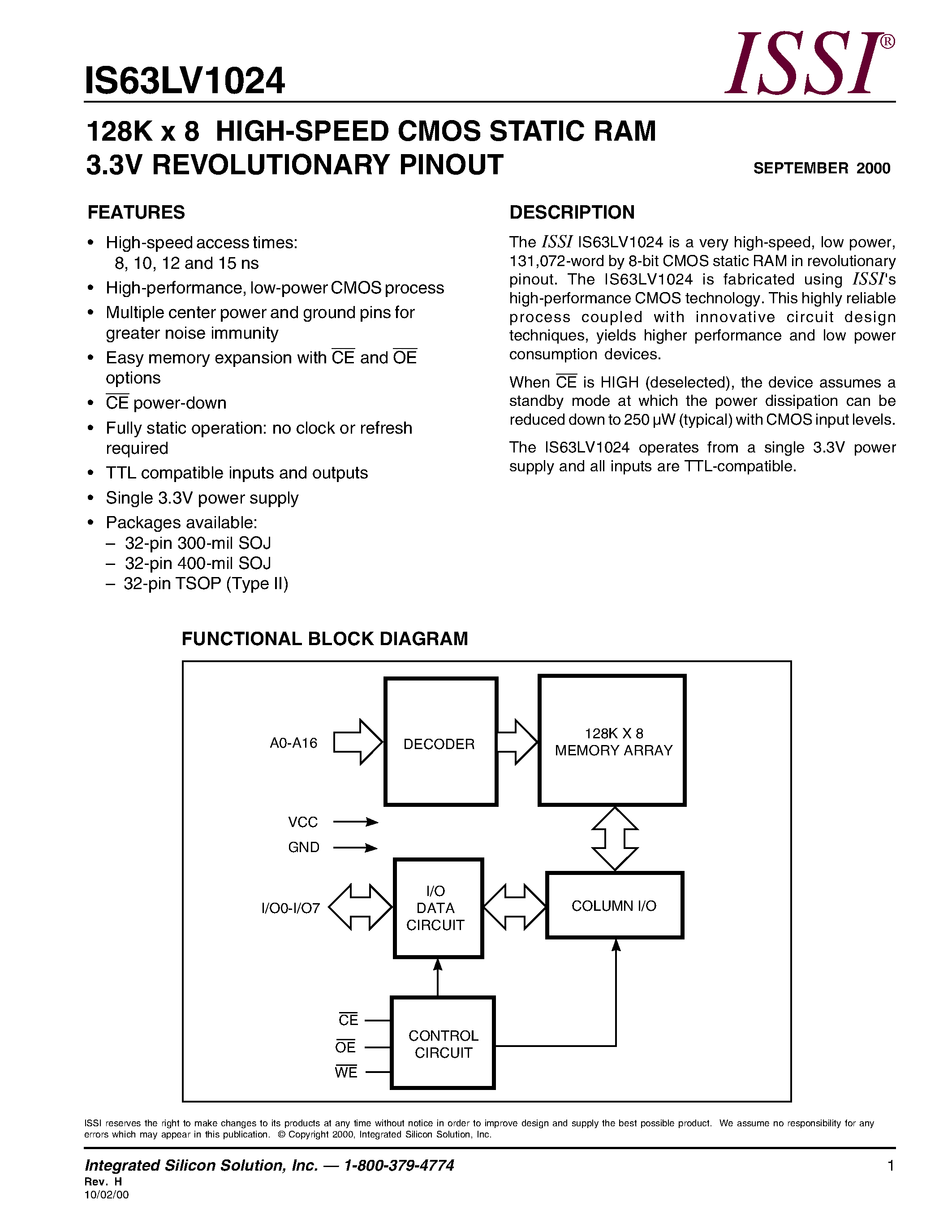 Datasheet IS63LV1024-10KI - 128K x 8 HIGH-SPEED CMOS STATIC RAM 3.3V REVOLUTIONARY PINOUT page 1