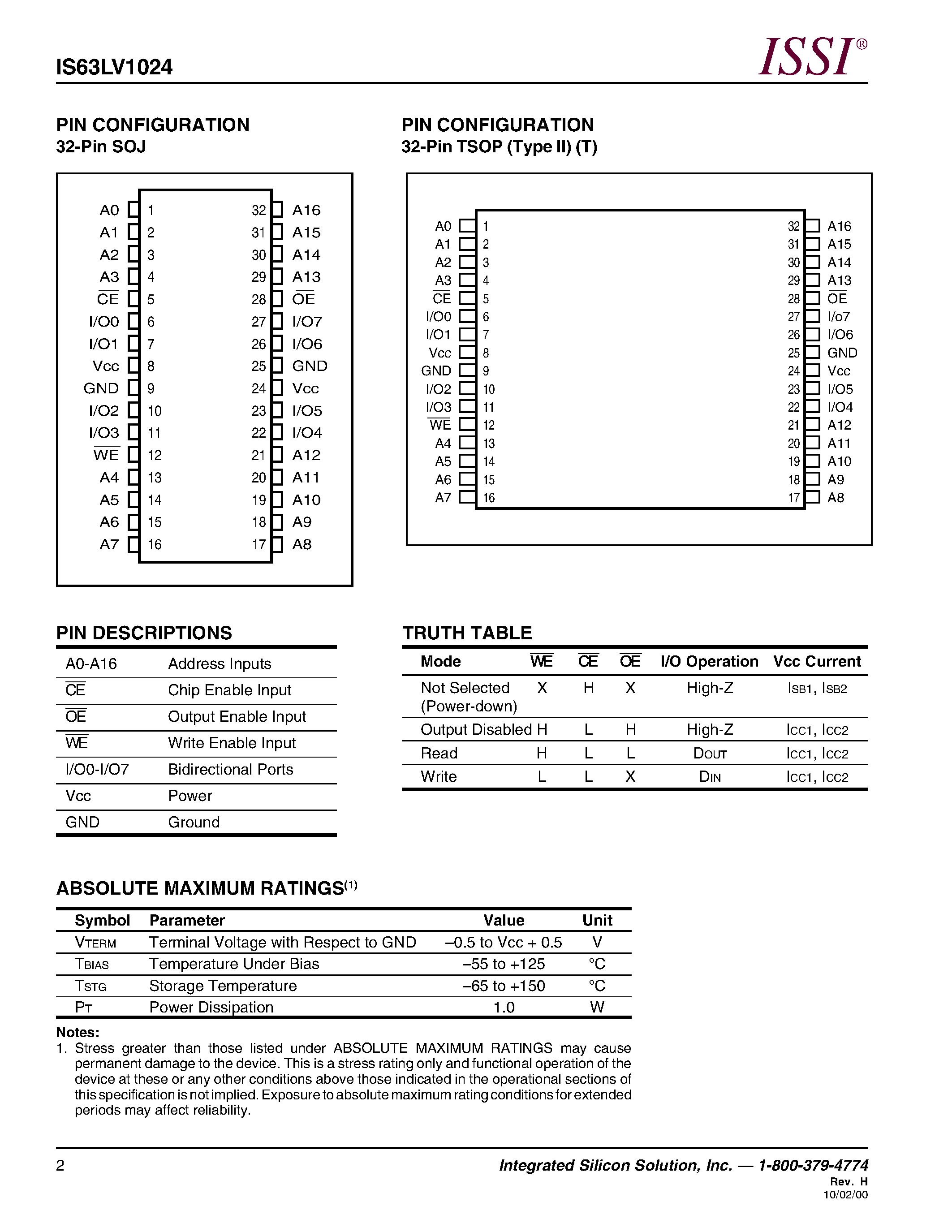 Даташит IS63LV1024-12K - 128K x 8 HIGH-SPEED CMOS STATIC RAM 3.3V REVOLUTIONARY PINOUT страница 2