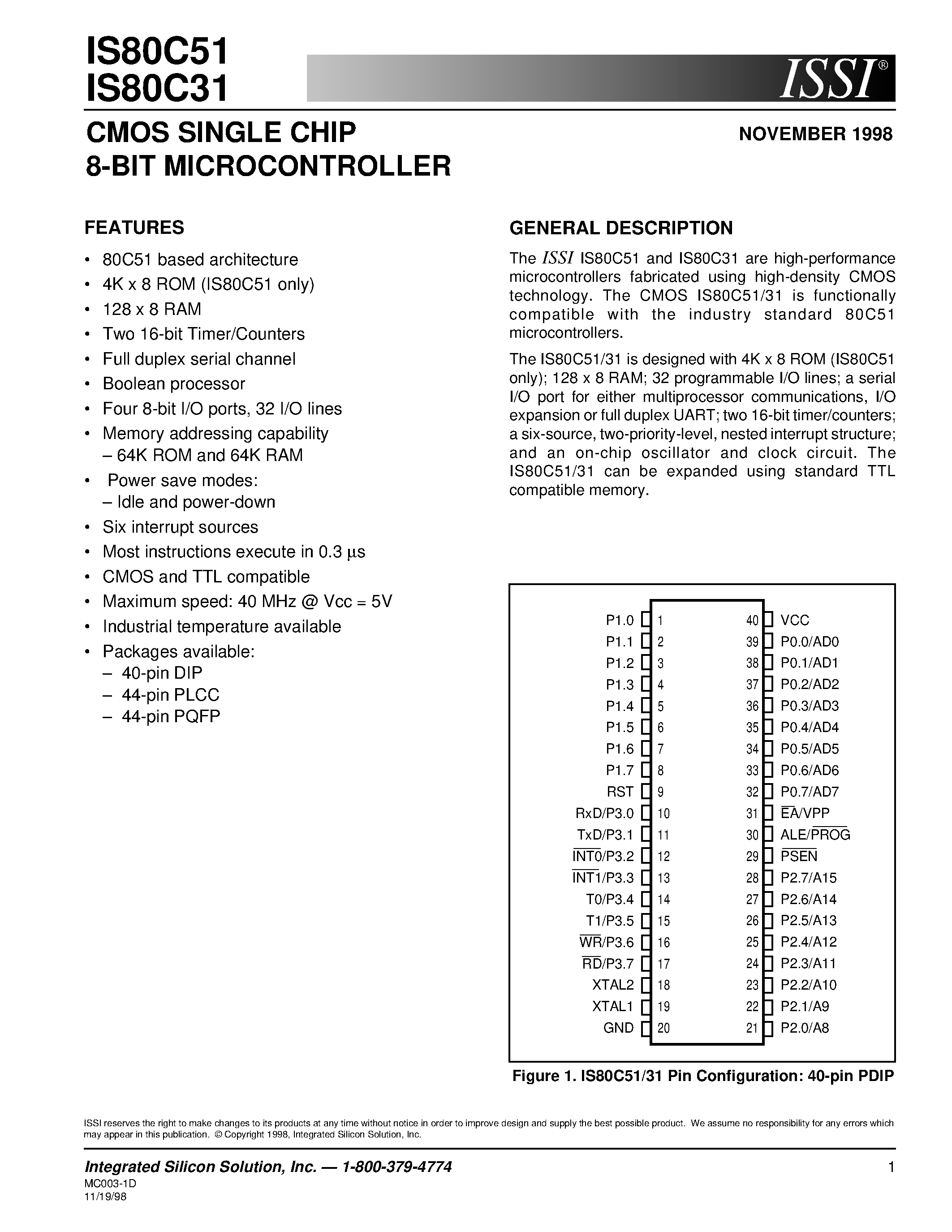 Datasheet IS80C51-40PQ - CMOS SINGLE CHIP 8-BIT MICROCONTROLLER page 1