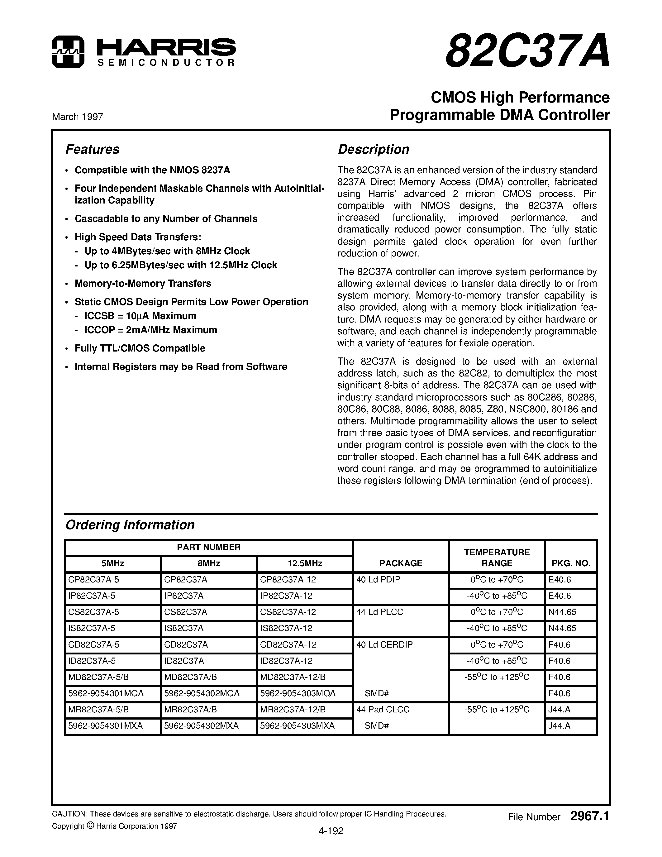 Datasheet IS82C37A-5 - CMOS High Performance Programmable DMA Controller page 1