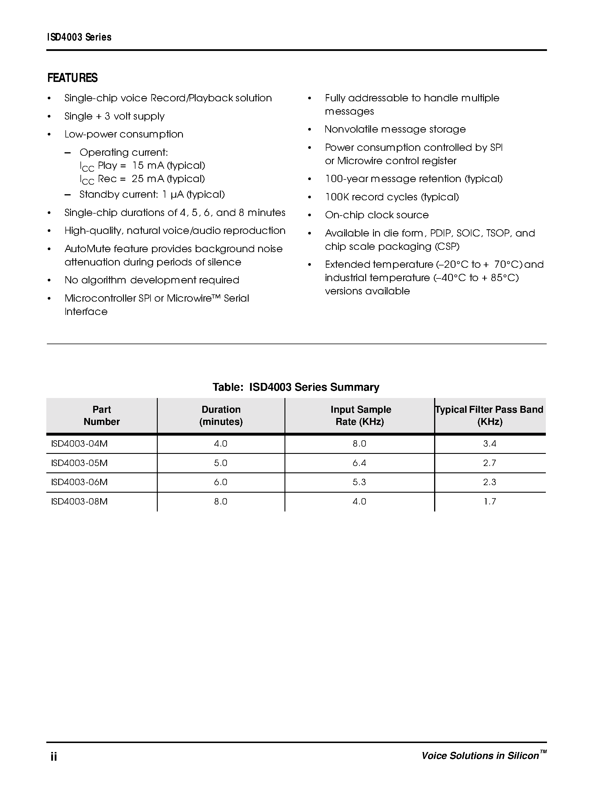 Datasheet ISD4003-05MSI - Single-Chip Voice Record/Playback Devices 4-/ 5-/ 6-/ and 8-Minute Durations page 2