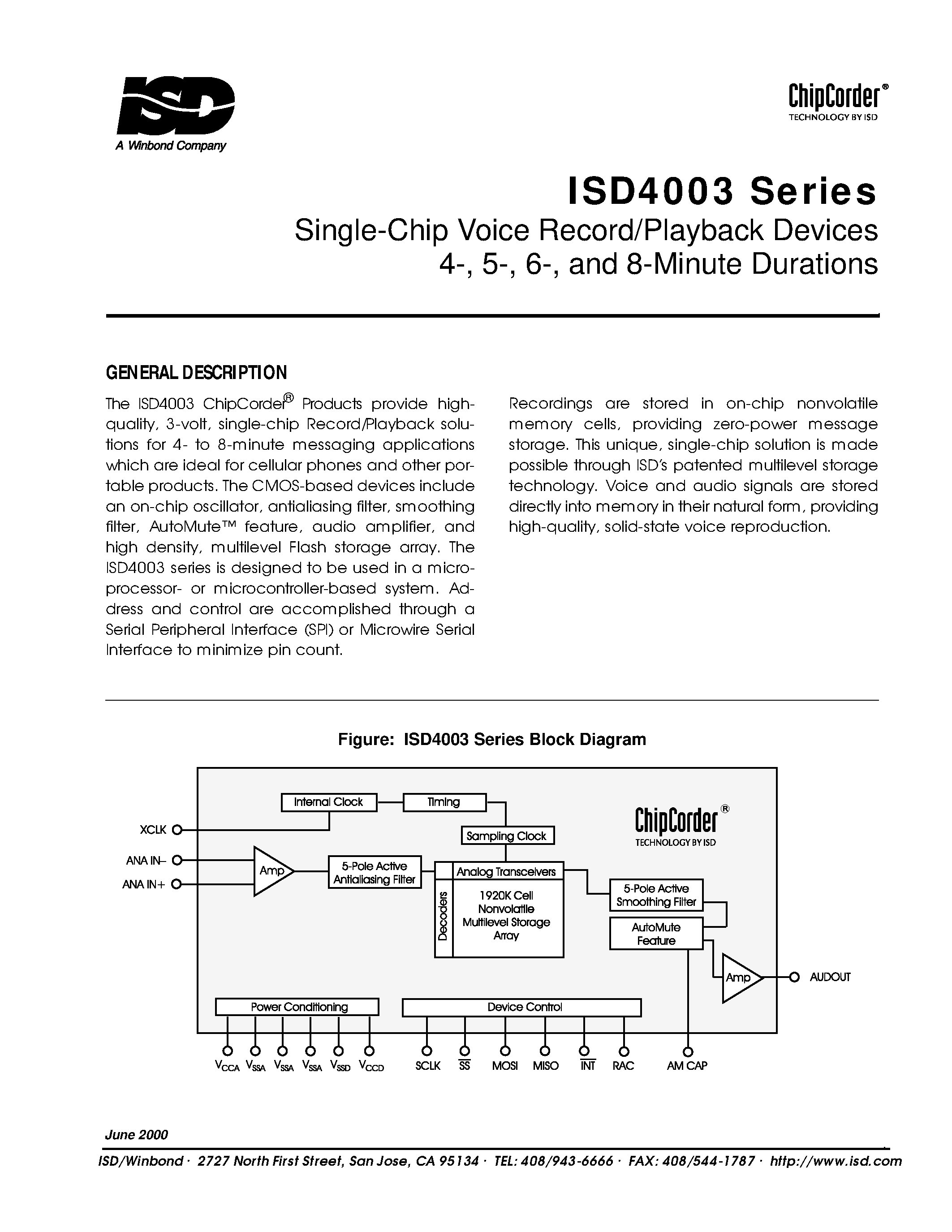 Datasheet ISD4003-05MZ - Single-Chip Voice Record/Playback Devices 4-/ 5-/ 6-/ and 8-Minute Durations page 1