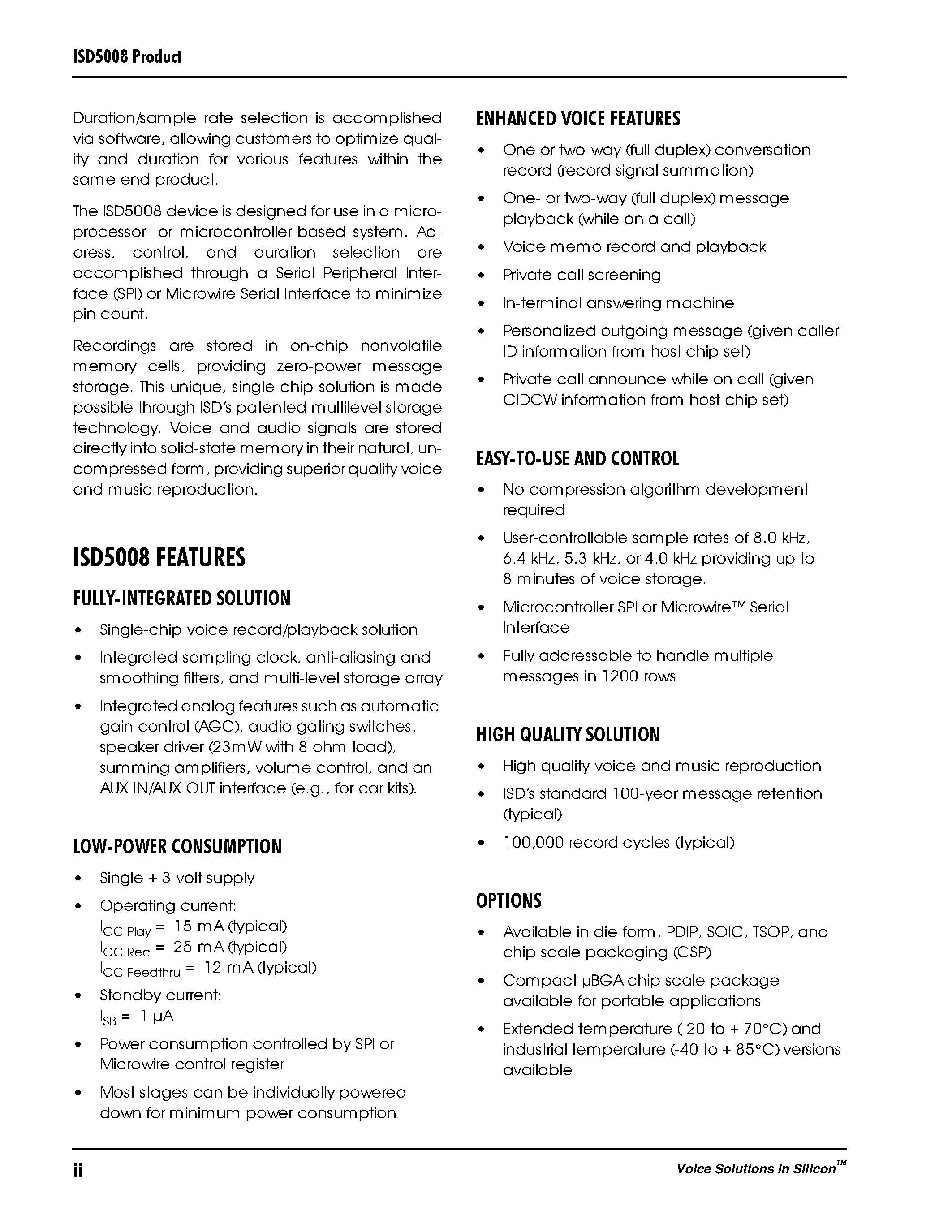 Datasheet ISD5008SI - SINGLE CHIP VOICE RECORD PLAYBACK DEVICE 4-/ 5-/ 6-/ AND 8- MINUTE DURATIONS page 2