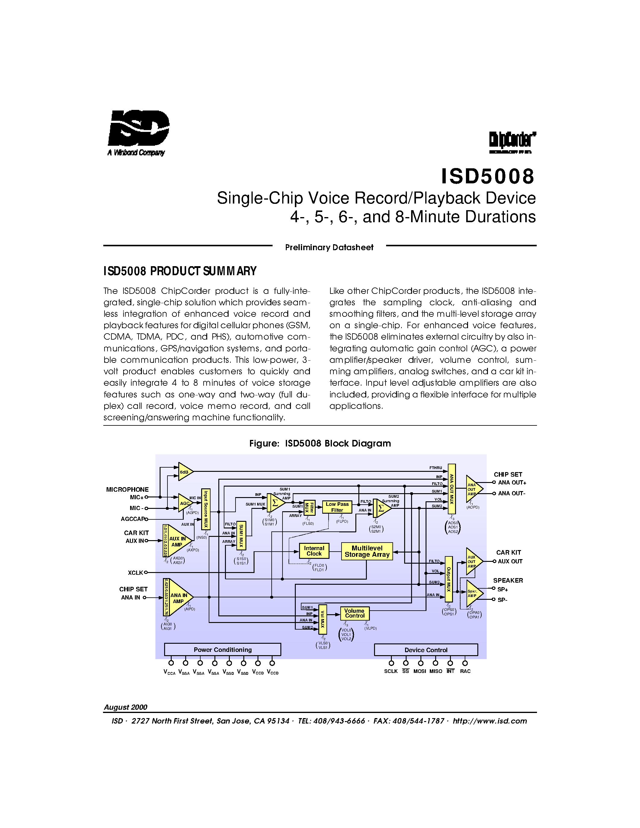 Datasheet ISD5008Z - SINGLE CHIP VOICE RECORD PLAYBACK DEVICE 4-/ 5-/ 6-/ AND 8- MINUTE DURATIONS page 1