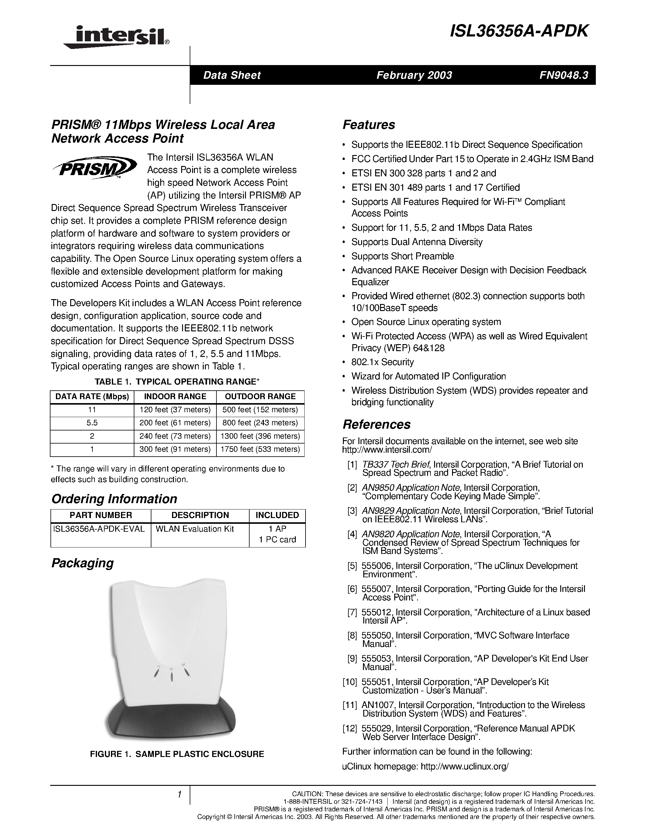 Даташит ISL36356A-APDK - PRISM 11Mbps Wireless Local Area Network Access Point страница 1