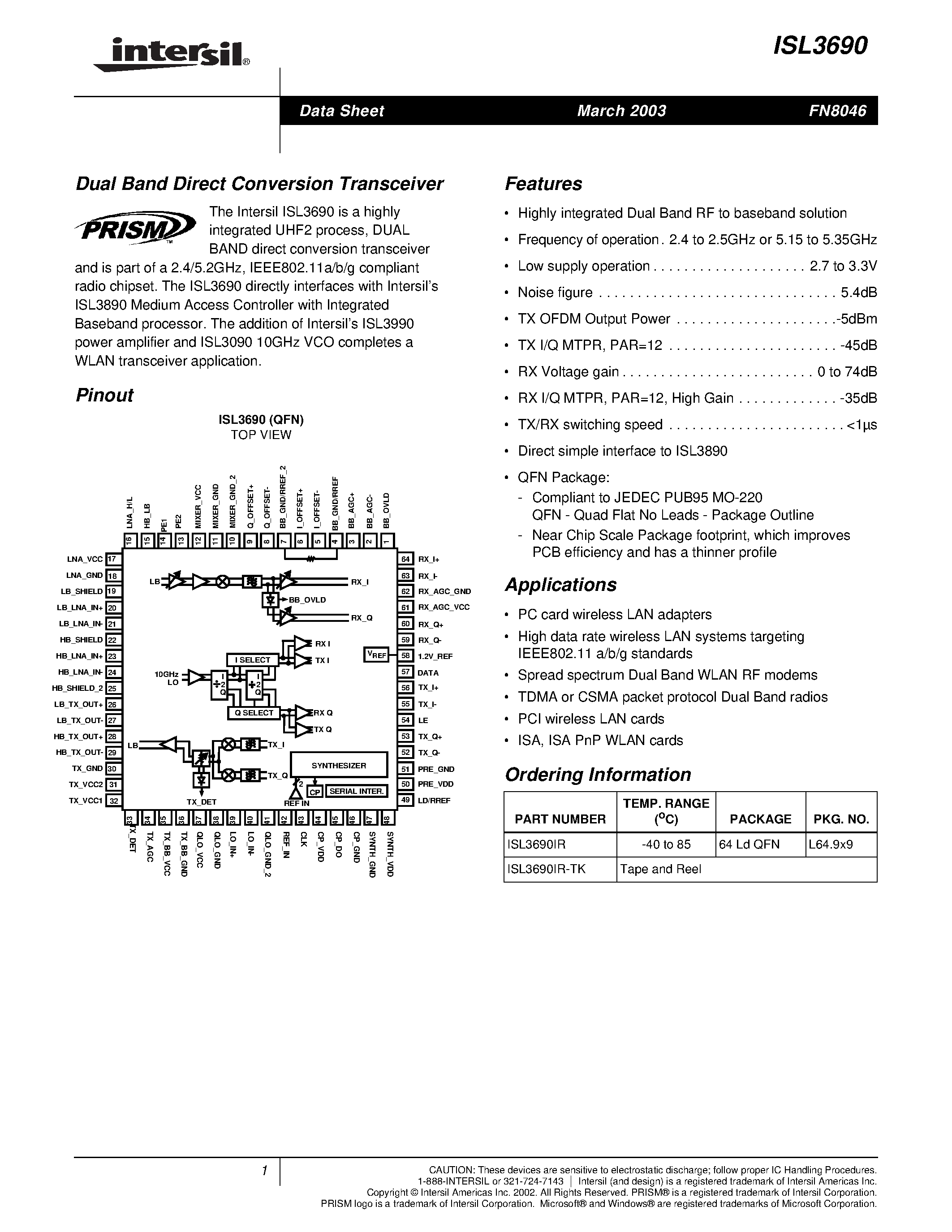 Даташит ISL3690IR-TK - Dual Band Direct Conversion Transceiver страница 1