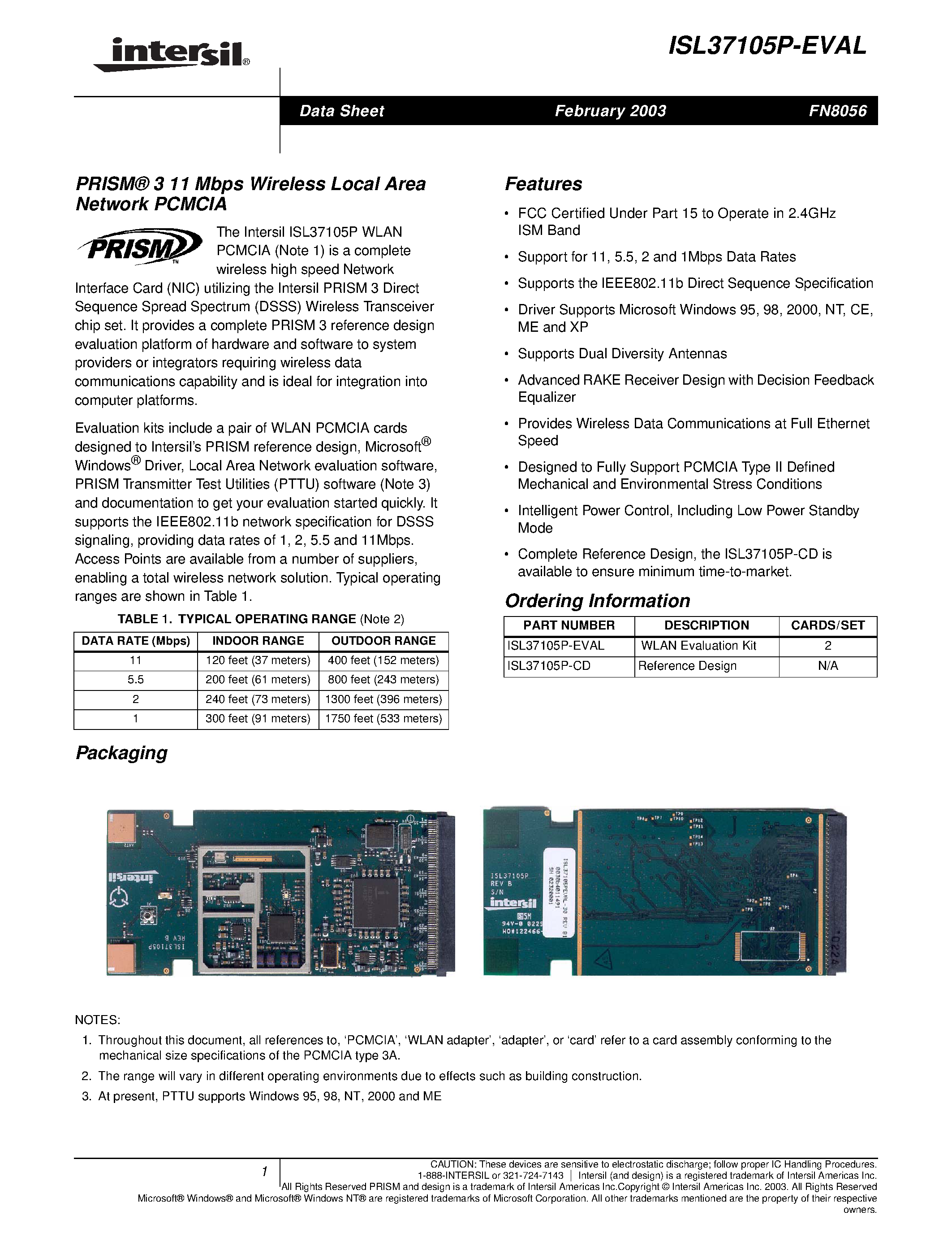 Даташит ISL37105P-EVAL - PRISM 3 11 Mbps Wireless Local Area Network PCMCIA страница 1