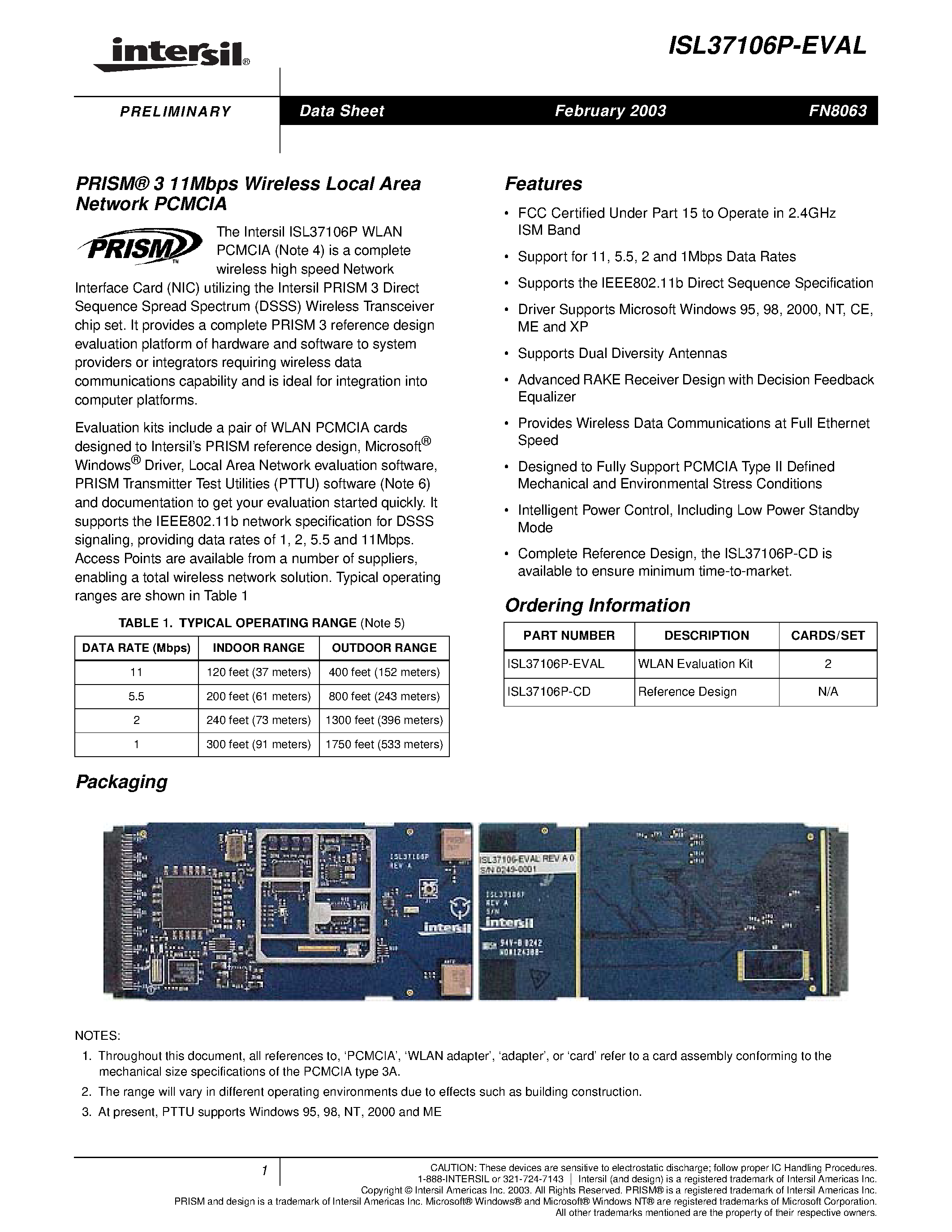 Даташит ISL37106P-CD - PRISM 3 11Mbps Wireless Local Area Network PCMCIA страница 1