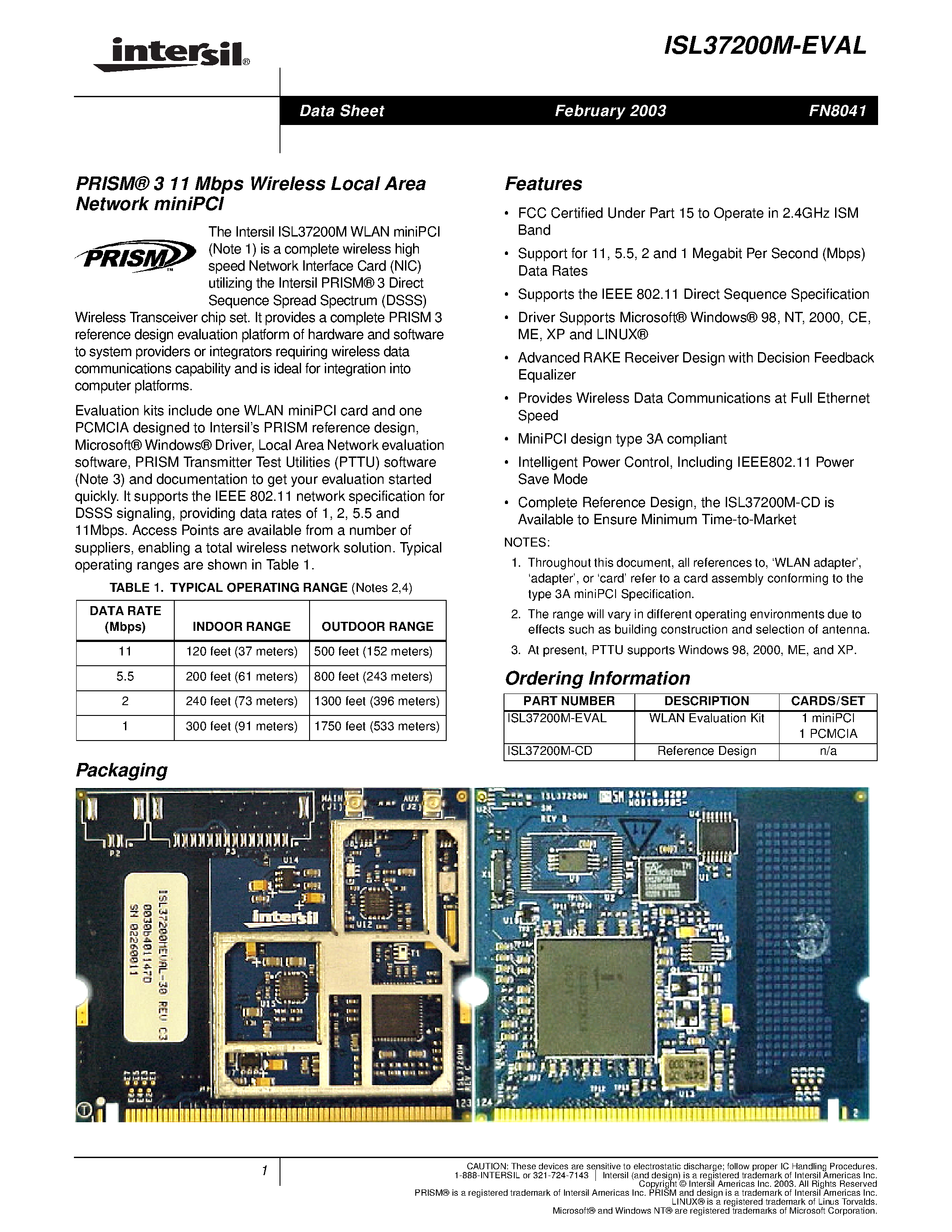 Datasheet ISL37200M-CD page 1 Datasheet ISL37200M-CD - PRISM 3 11 Mbps Wireless Local Area Network miniPCI page 1
