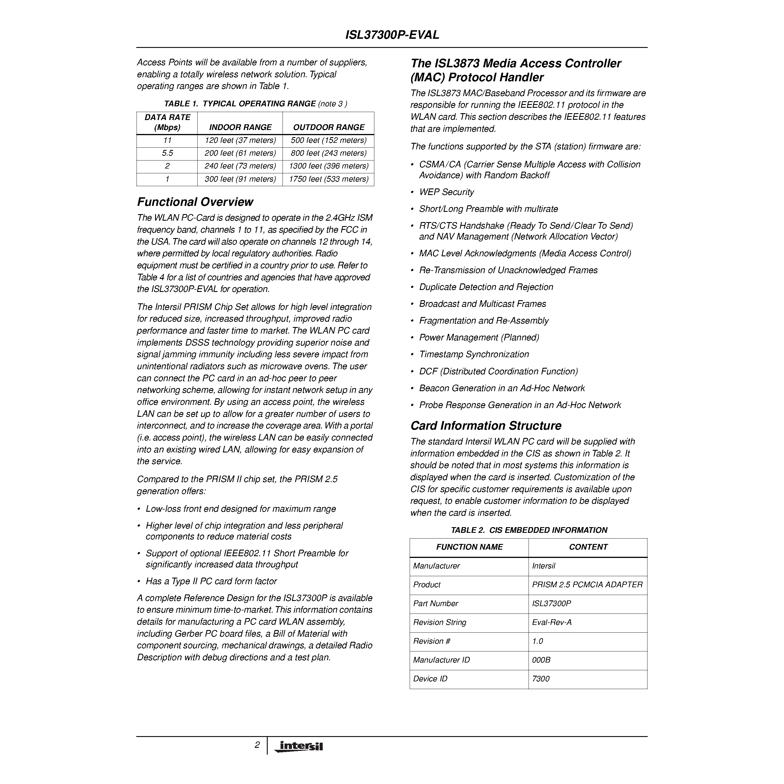 Datasheet ISL37300P-EVAL - PRISM 2.5 11Mbps Wireless Local Area Network PC Card page 2