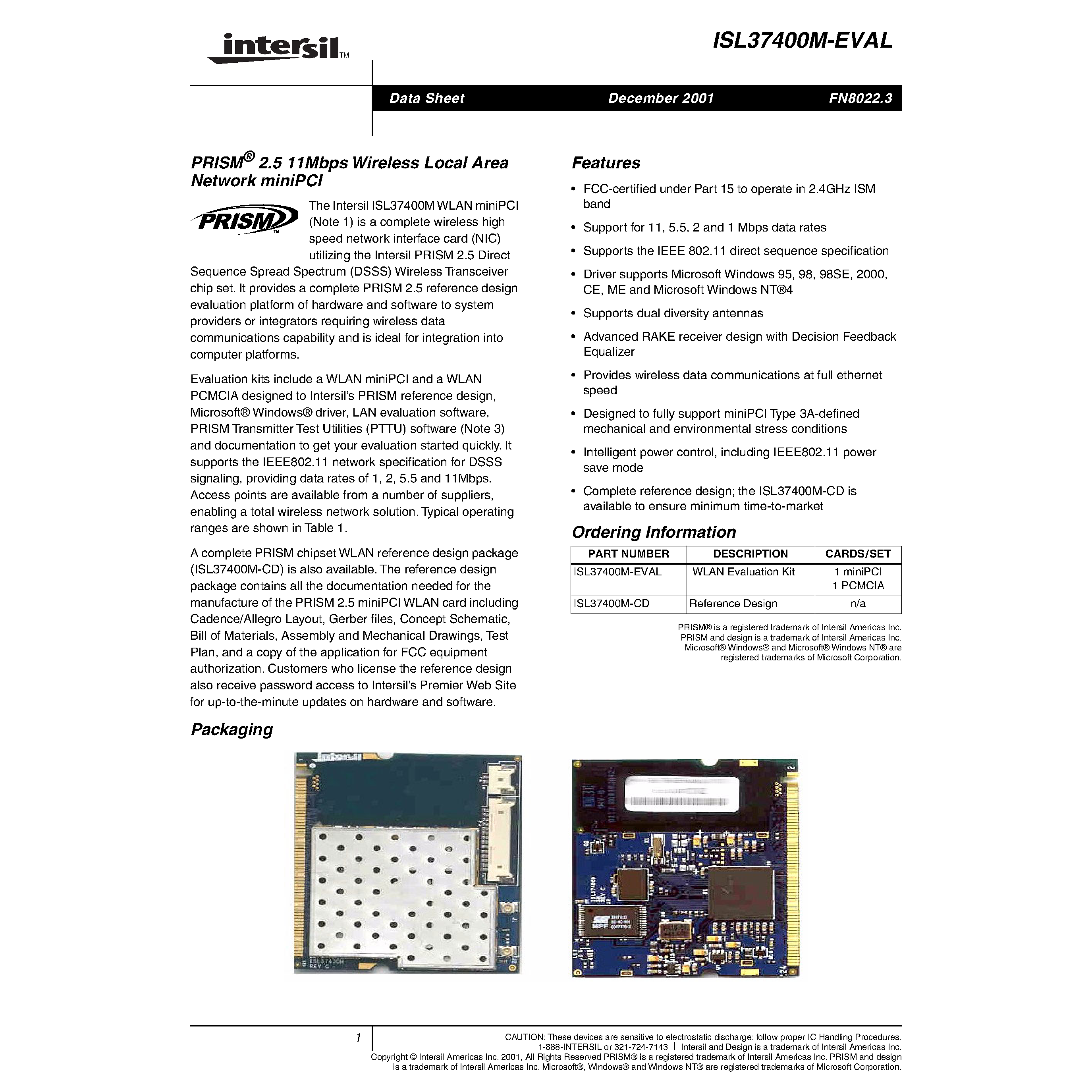 Datasheet ISL37400M-CD page 1 Datasheet ISL37400M-CD - PRISM 2.5 11Mbps Wireless Local Area Network miniPCI page 1