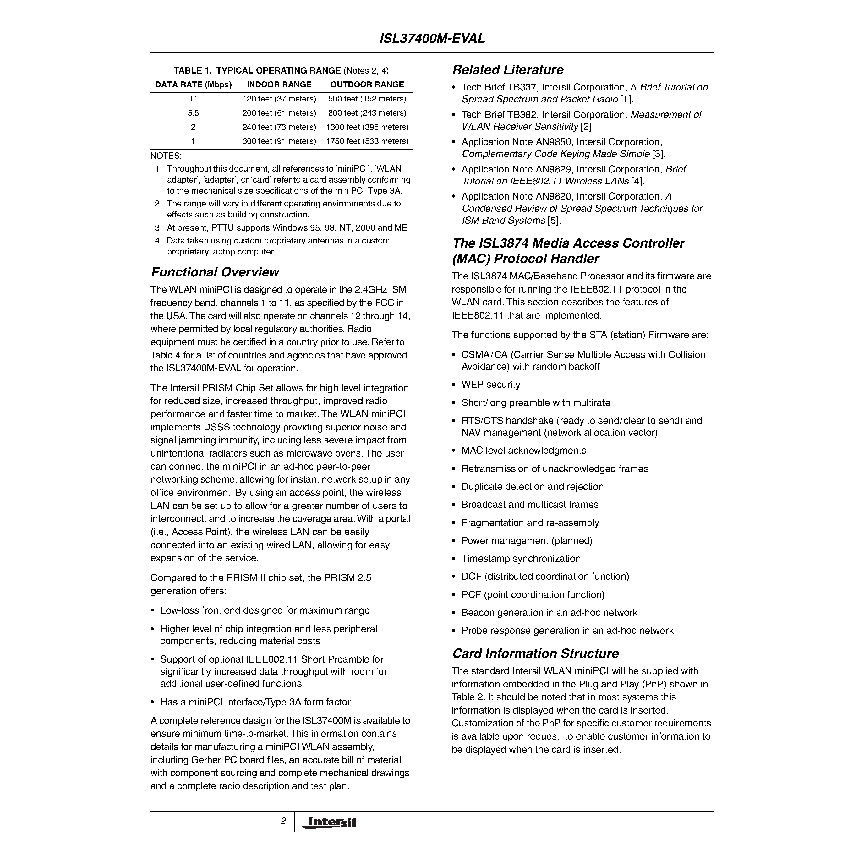 Даташит ISL37400M-EVAL - PRISM 2.5 11Mbps Wireless Local Area Network miniPCI страница 2