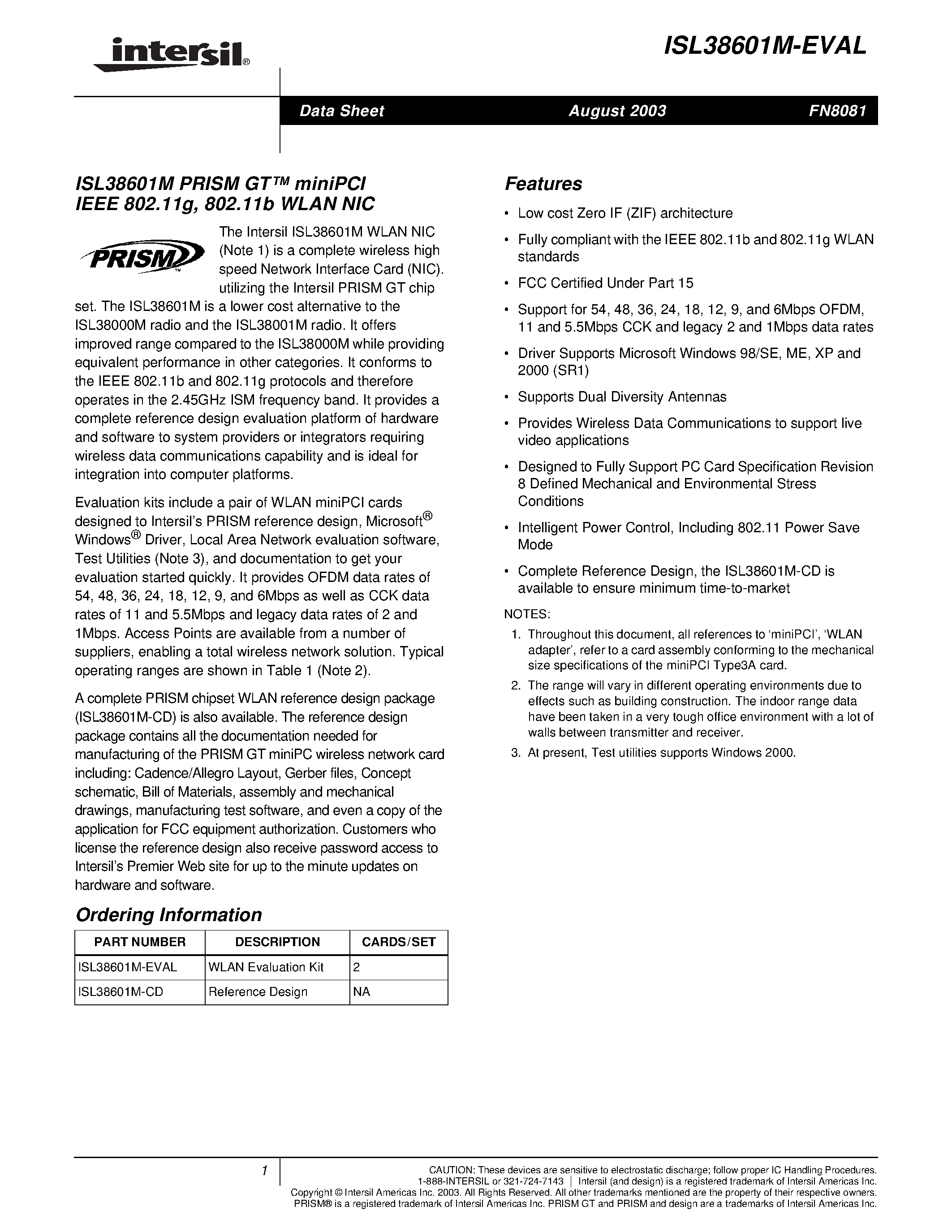 Даташит ISL38601M-EVAL - ISL38601M PRISM GT miniPCI IEEE 802.11g/ 802.11b WLAN NIC страница 1