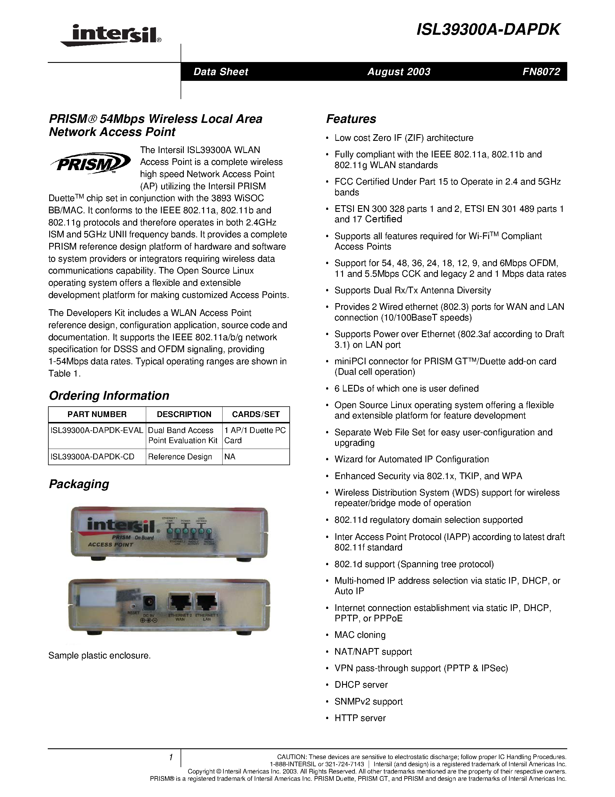 Datasheet ISL39300A-DAPDK - PRISM 54Mbps Wireless Local Area Network Access Point page 1