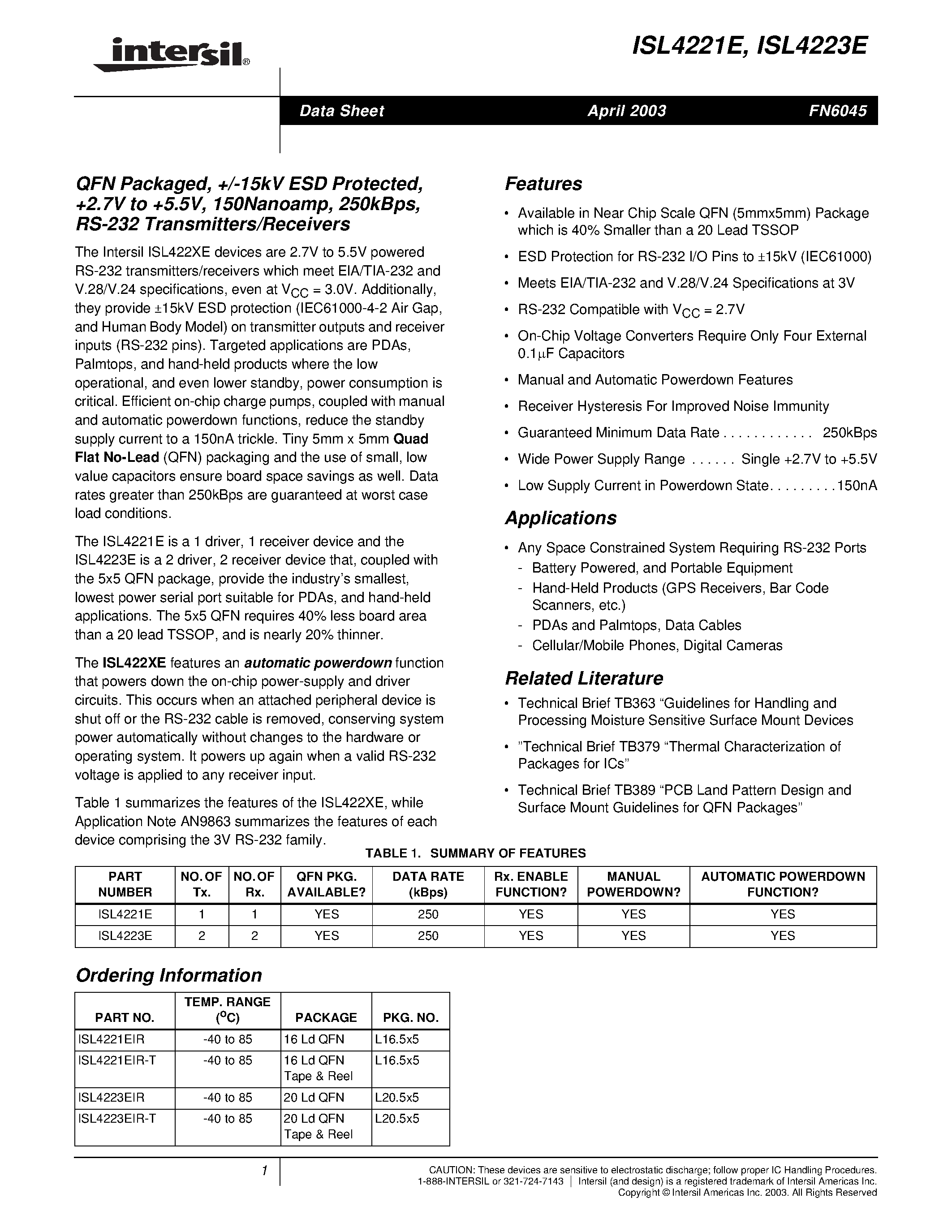 Datasheet ISL4221 - QFN Packaged/ +/-15kV ESD Protected/ +2.7V to +5.5V/ 150Nanoamp/ 250kBps/ RS-232 Transmitters/Receivers page 1