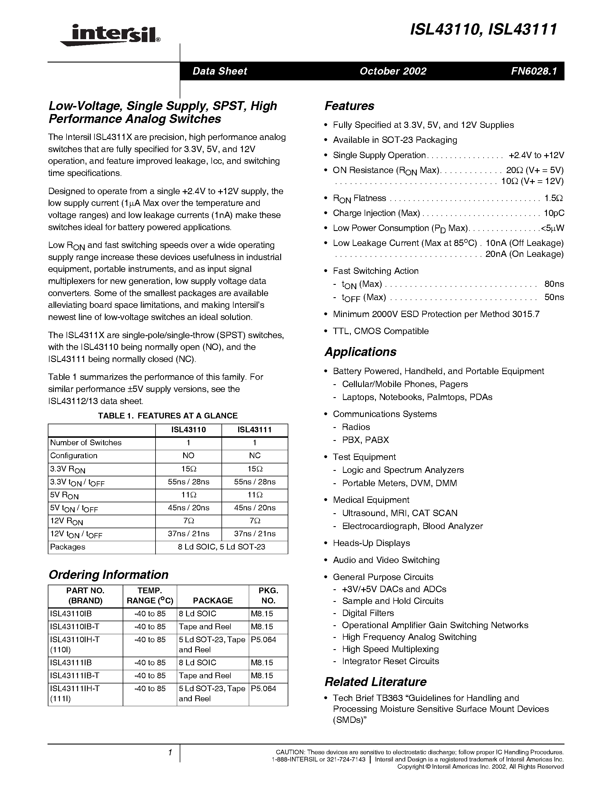 Datasheet ISL43110 - Low-Voltage/ Single Supply/ SPST/ High Performance Analog Switches page 1