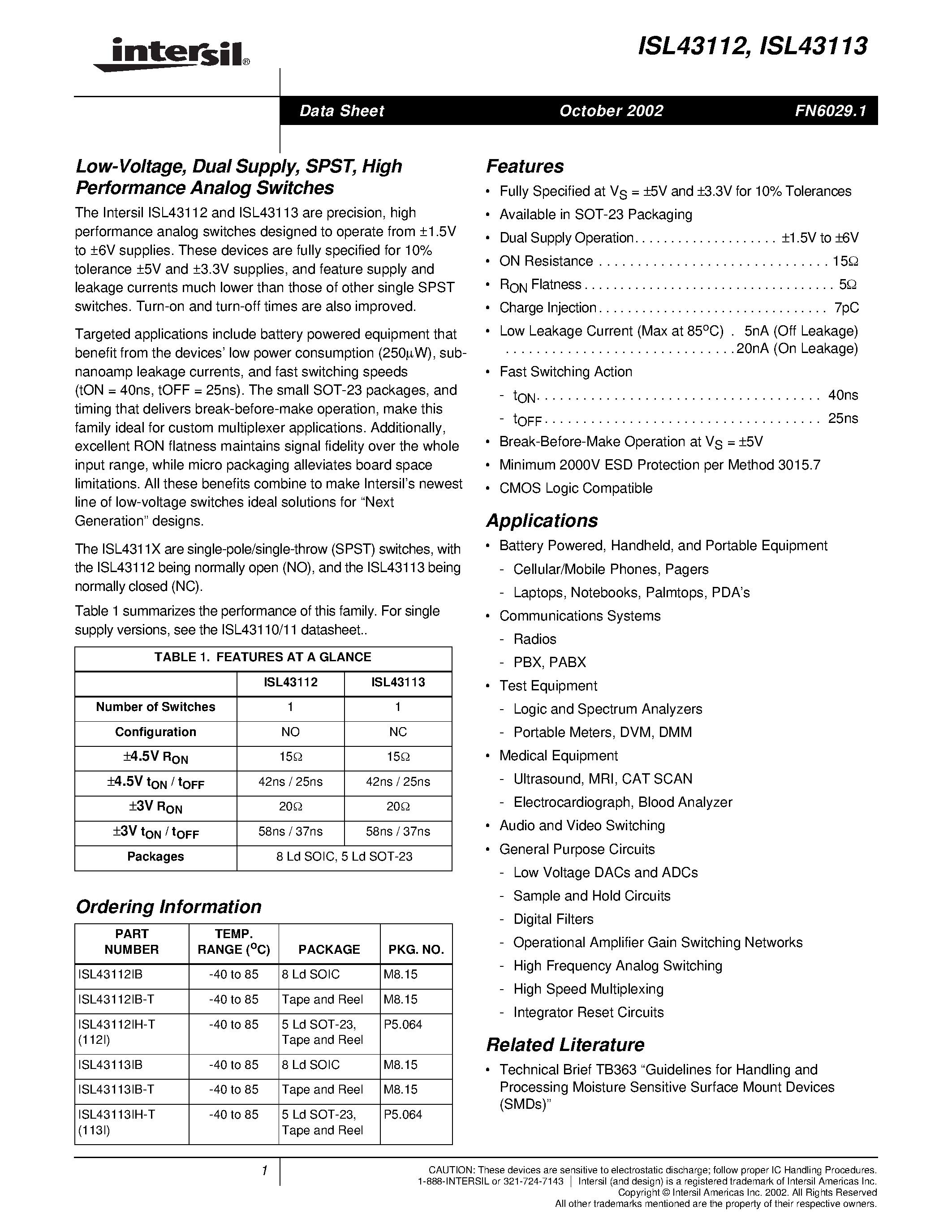 Datasheet ISL43112 - Low-Voltage/ Dual Supply/ SPST/ High Performance Analog Switches page 1