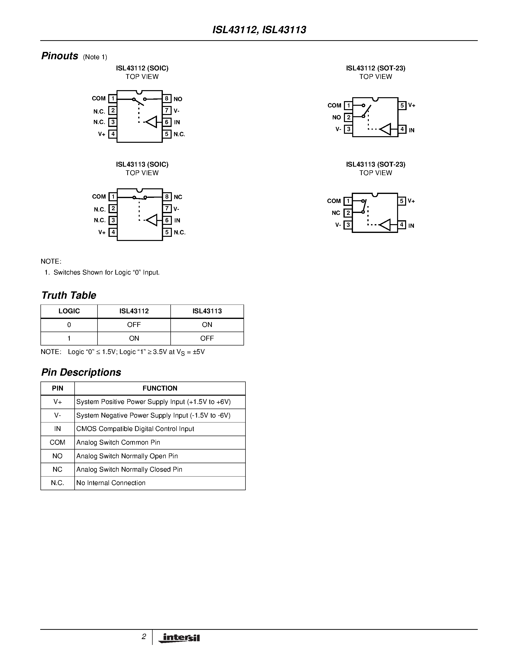 Datasheet ISL43113IB-T - Low-Voltage/ Dual Supply/ SPST/ High Performance Analog Switches page 2