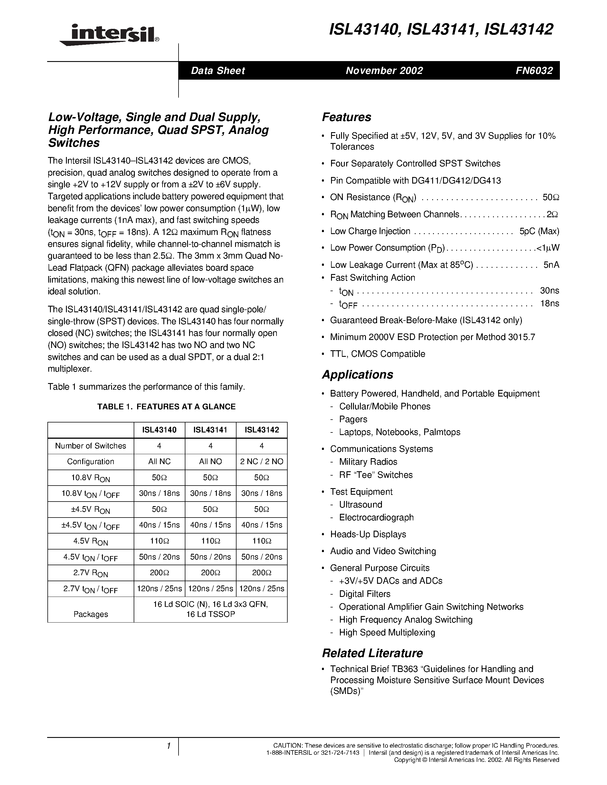 Datasheet ISL43141 - Low-Voltage/ Single and Dual Supply/ High Performance/ Quad SPST/ Analog Switches page 1