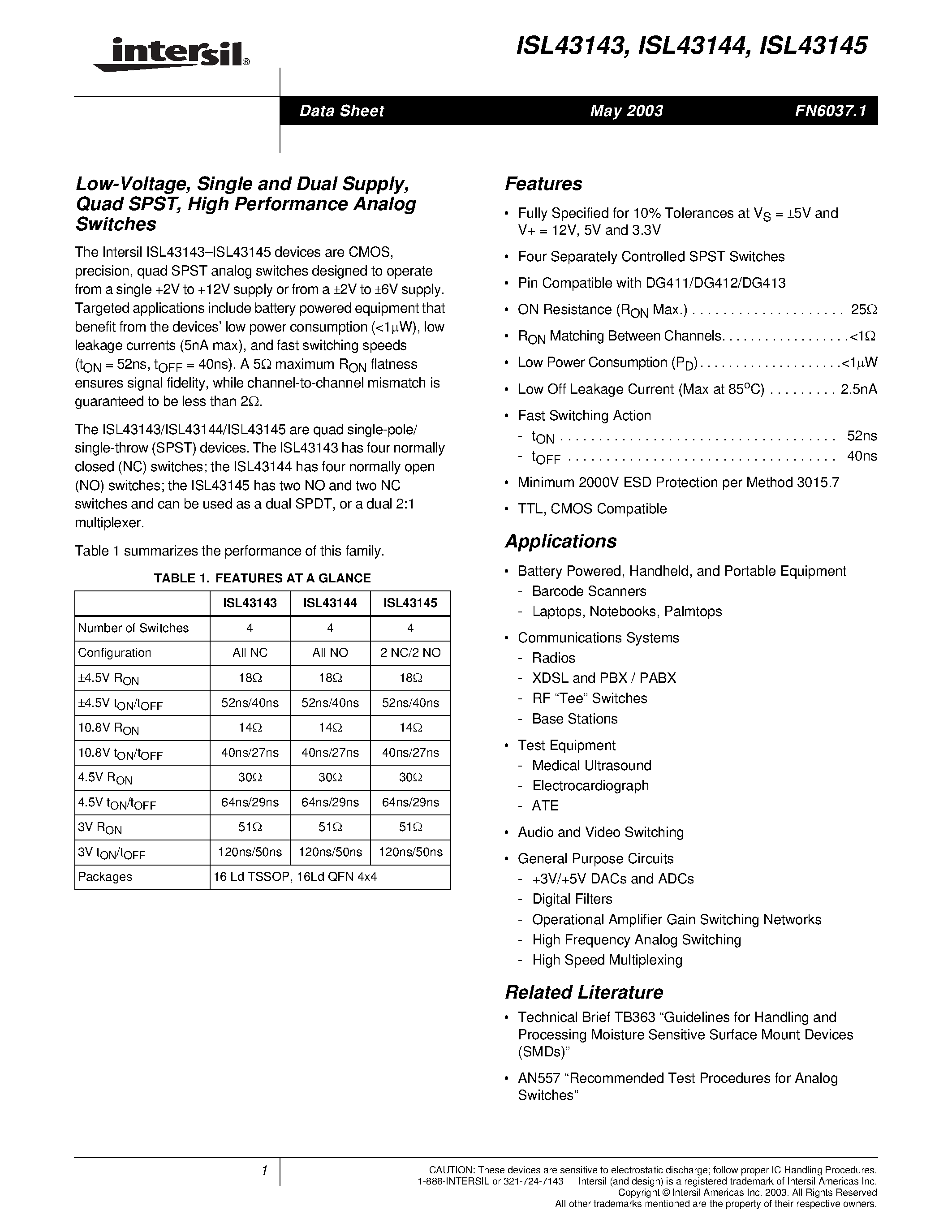 Datasheet ISL43145IV - Low-Voltage/ Single and Dual Supply/ Quad SPST/ High Performance Analog Switches page 1