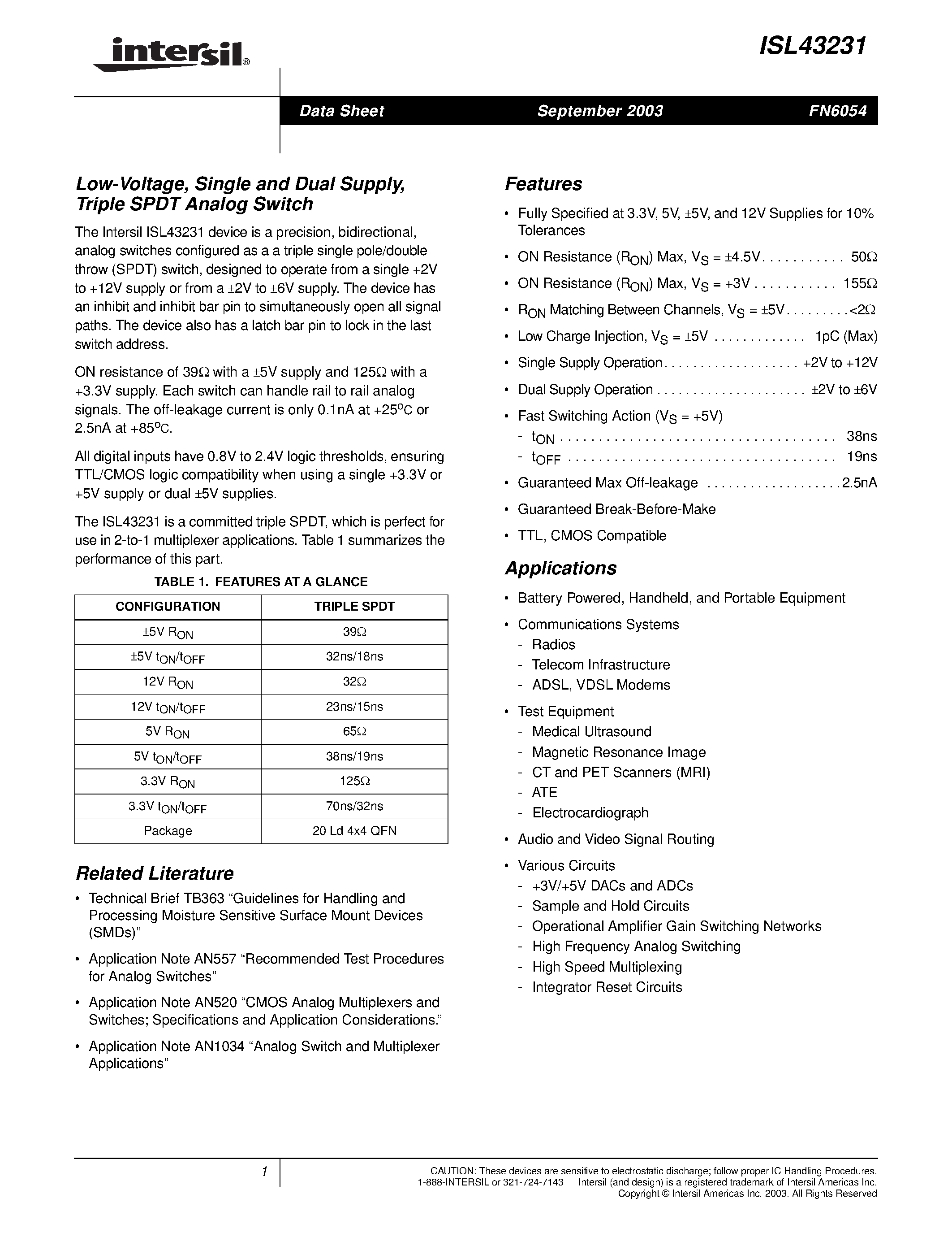 Datasheet ISL43231 - Low-Voltage/ Single and Dual Supply/ Triple SPDT Analog Switch page 1