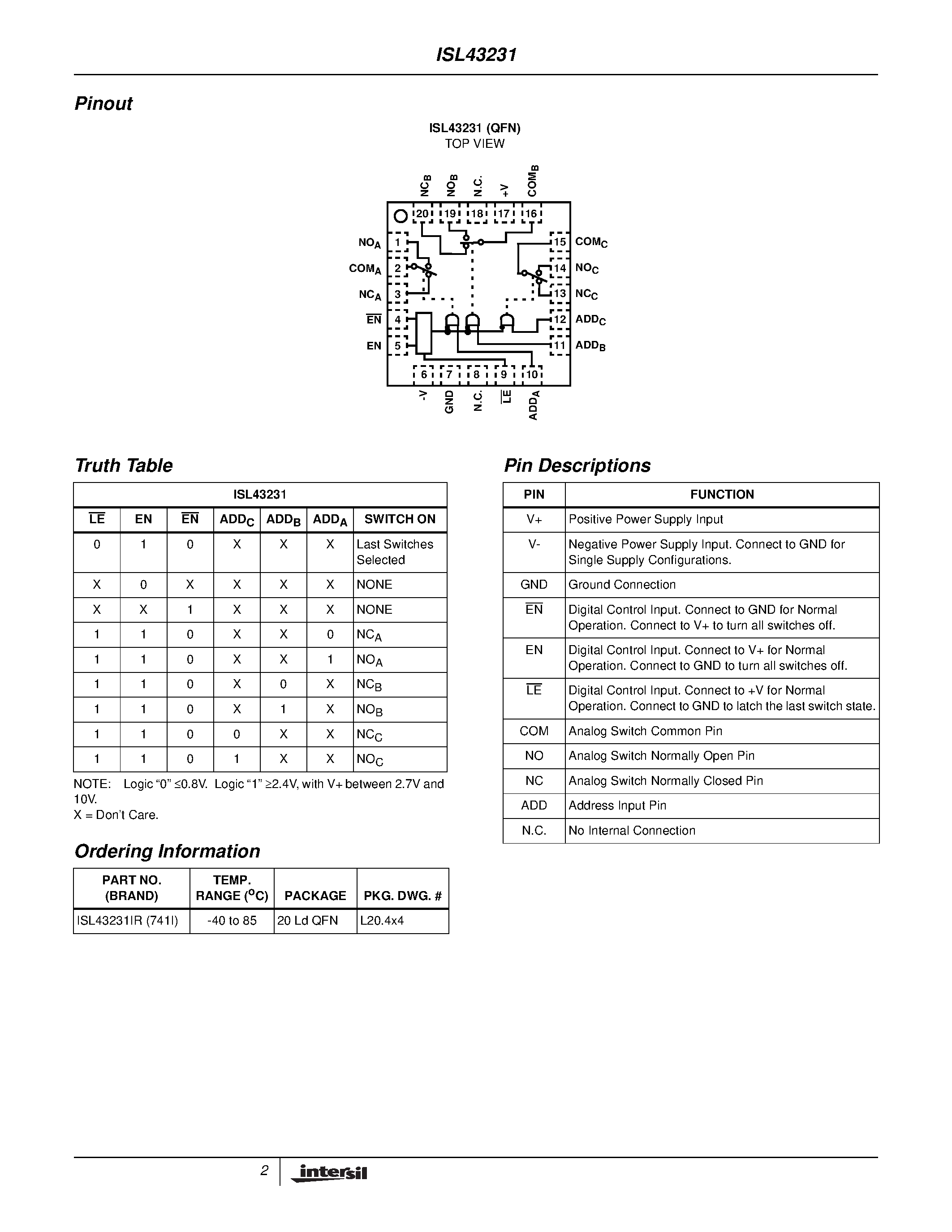 Datasheet ISL43231 - Low-Voltage/ Single and Dual Supply/ Triple SPDT Analog Switch page 2