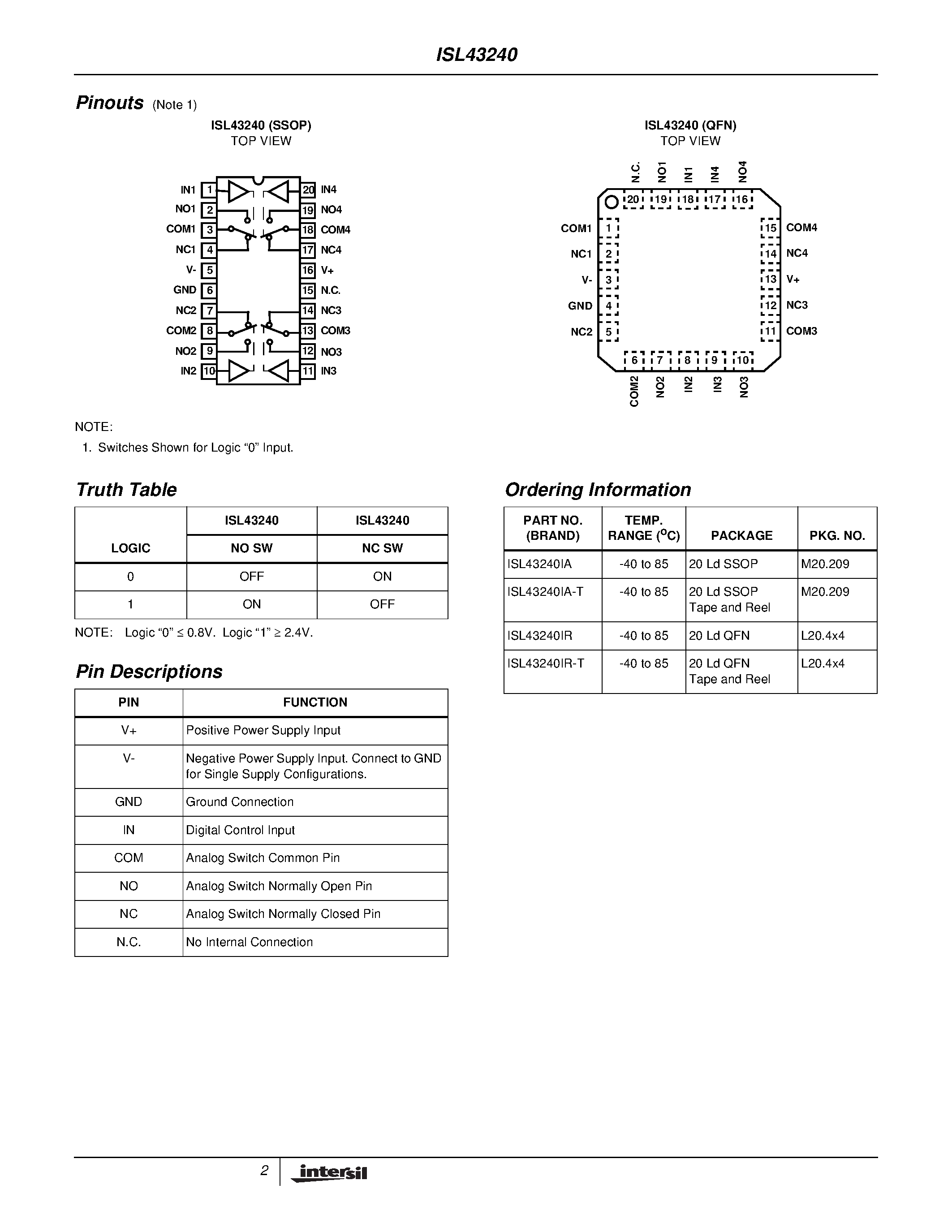 Datasheet ISL43240IA-T page 2 Datasheet ISL43240IA-T - Low-Voltage/ Single and Dual Supply/ Quad SPDT/ High Performance Analog Switches page 2