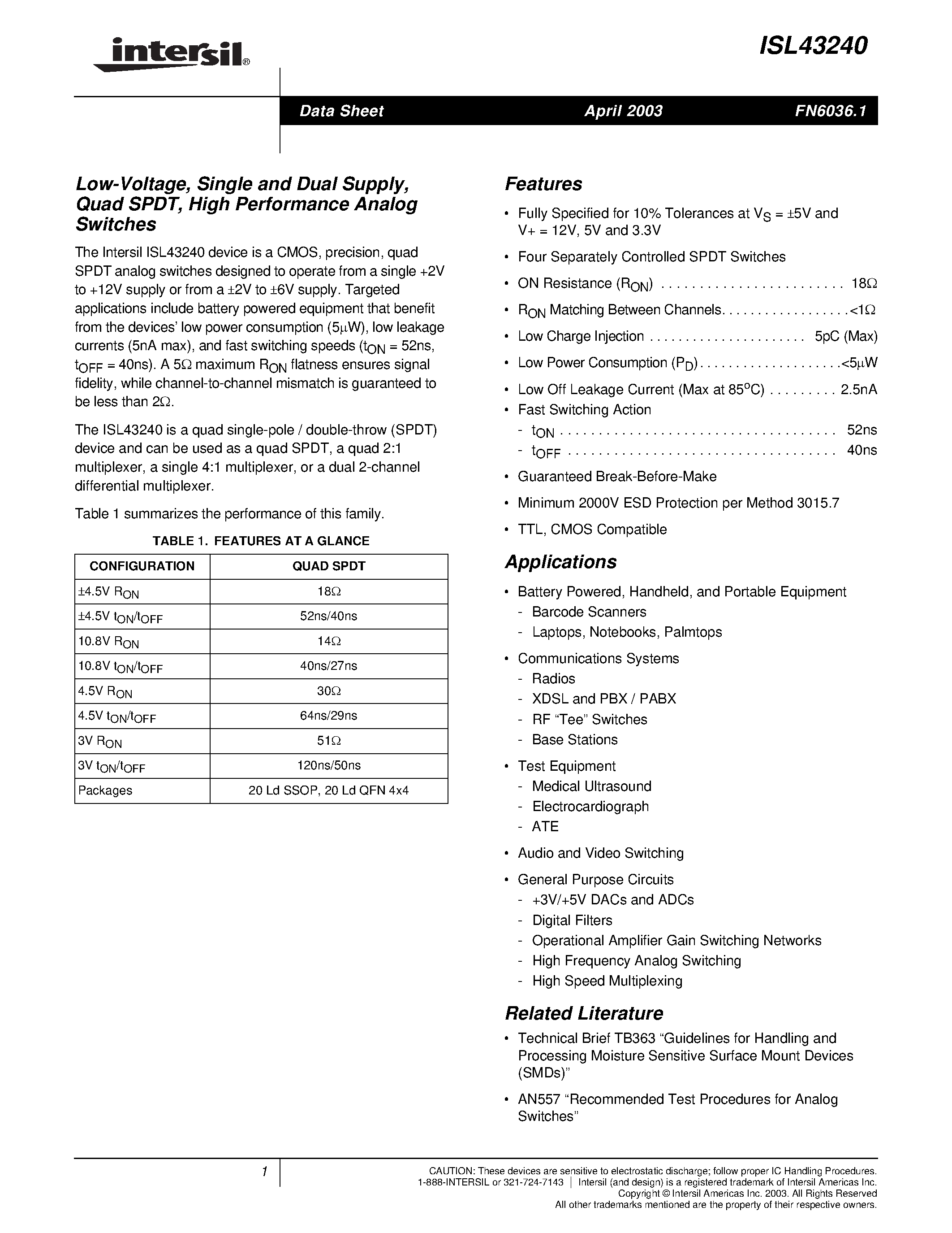 Datasheet ISL43240IR - Low-Voltage/ Single and Dual Supply/ Quad SPDT/ High Performance Analog Switches page 1