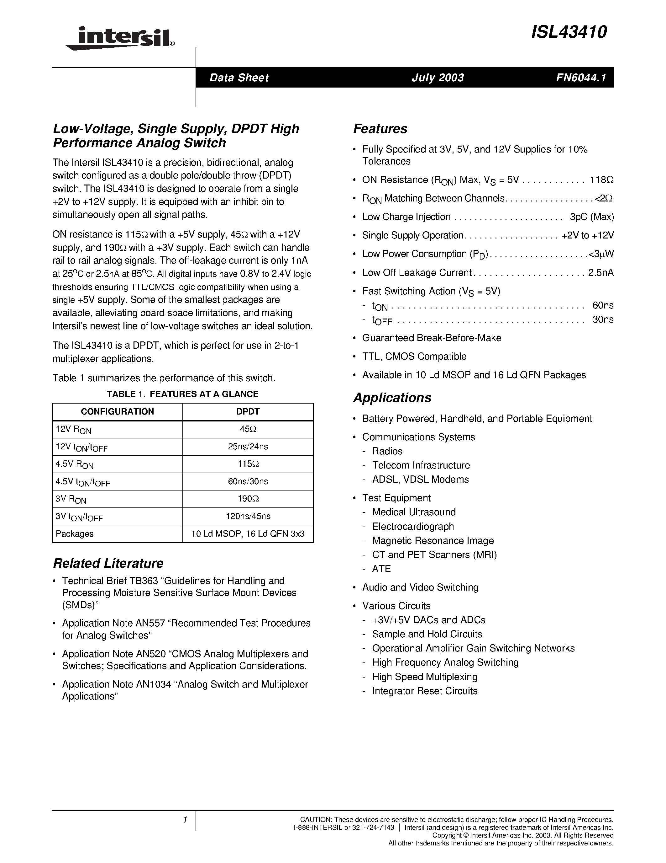 Datasheet ISL43410 - Low-Voltage/ Single Supply/ DPDT High Performance Analog Switch page 1