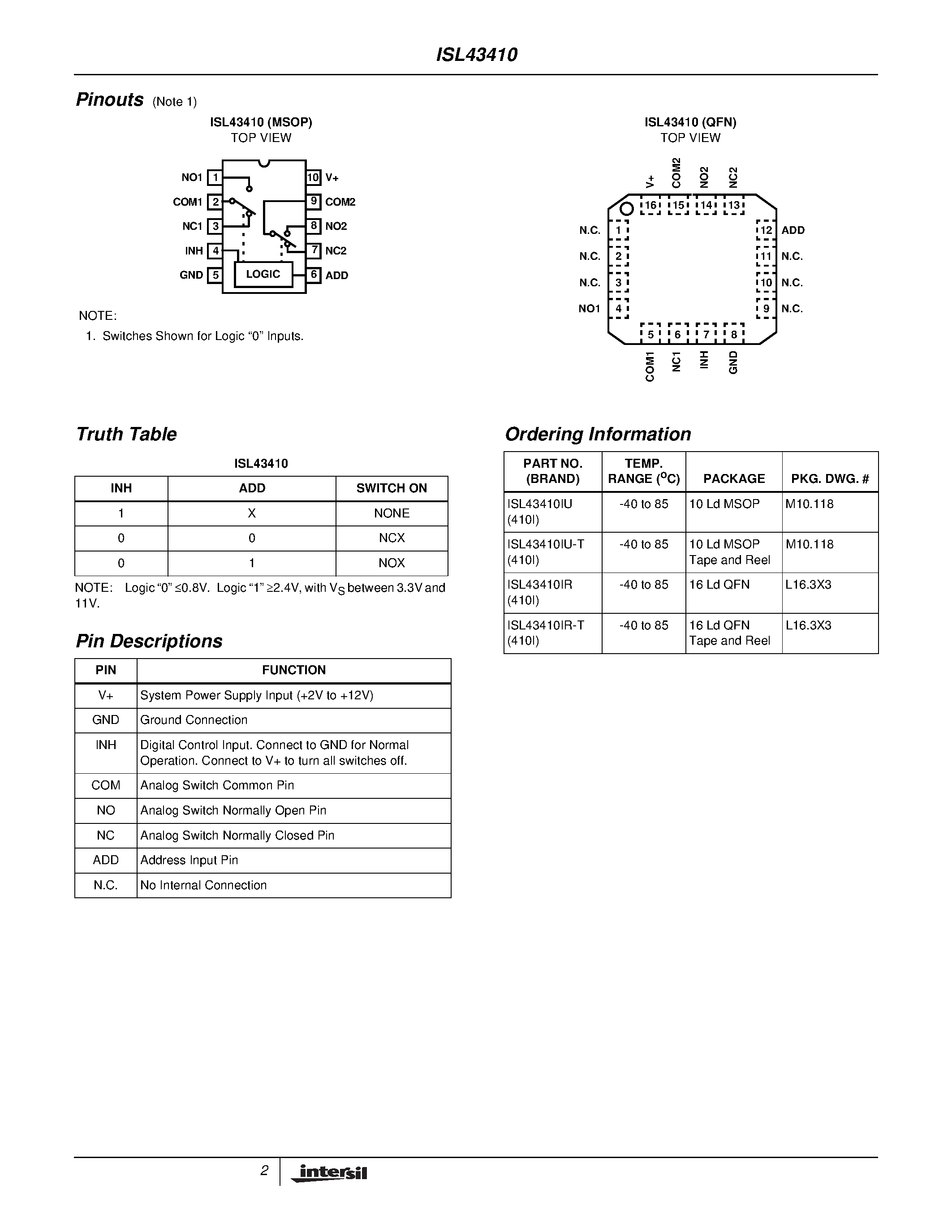 Datasheet ISL43410 - Low-Voltage/ Single Supply/ DPDT High Performance Analog Switch page 2