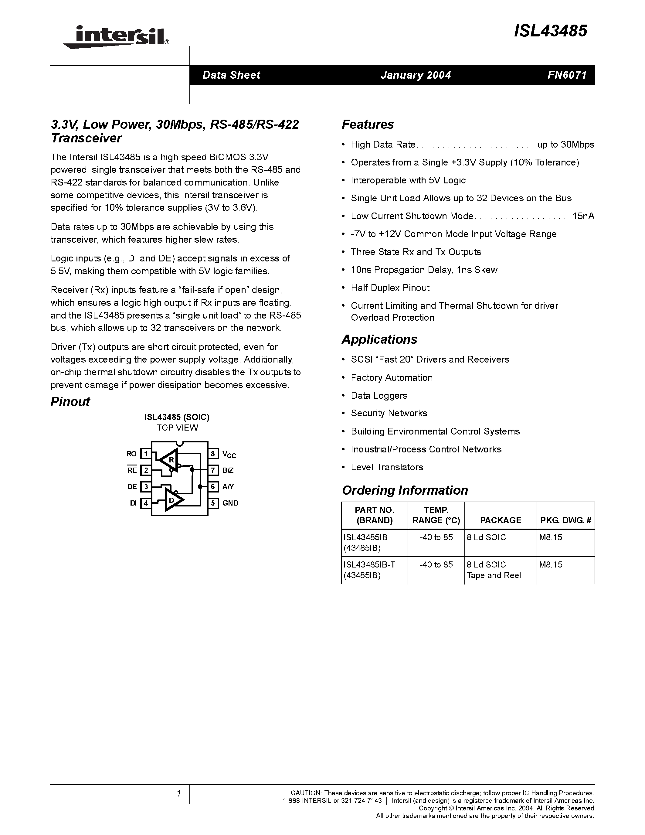 Datasheet ISL43485IB-T - 3.3V/ Low Power/ 30Mbps/ RS-485/RS-422 page 1