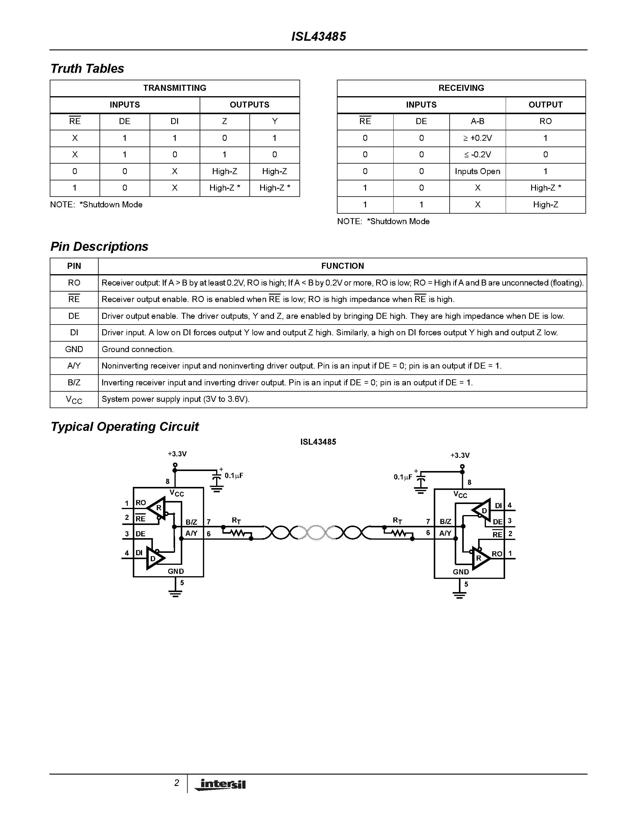 Datasheet ISL43485IB-T - 3.3V/ Low Power/ 30Mbps/ RS-485/RS-422 page 2