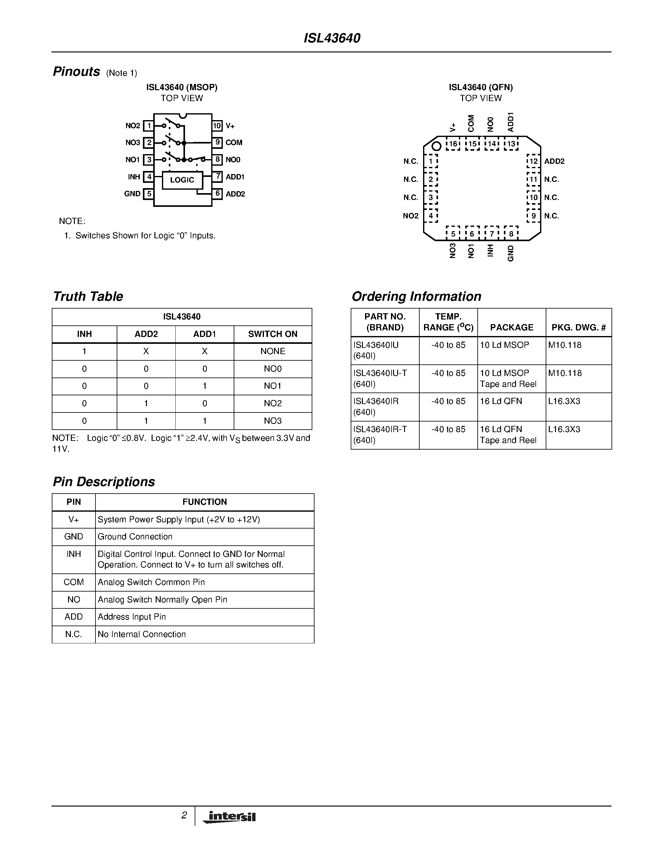 Даташит ISL43640 - Low-Voltage/ Single Supply/ 4 to 1 Multiplexer/ High Performance Analog Switch страница 2