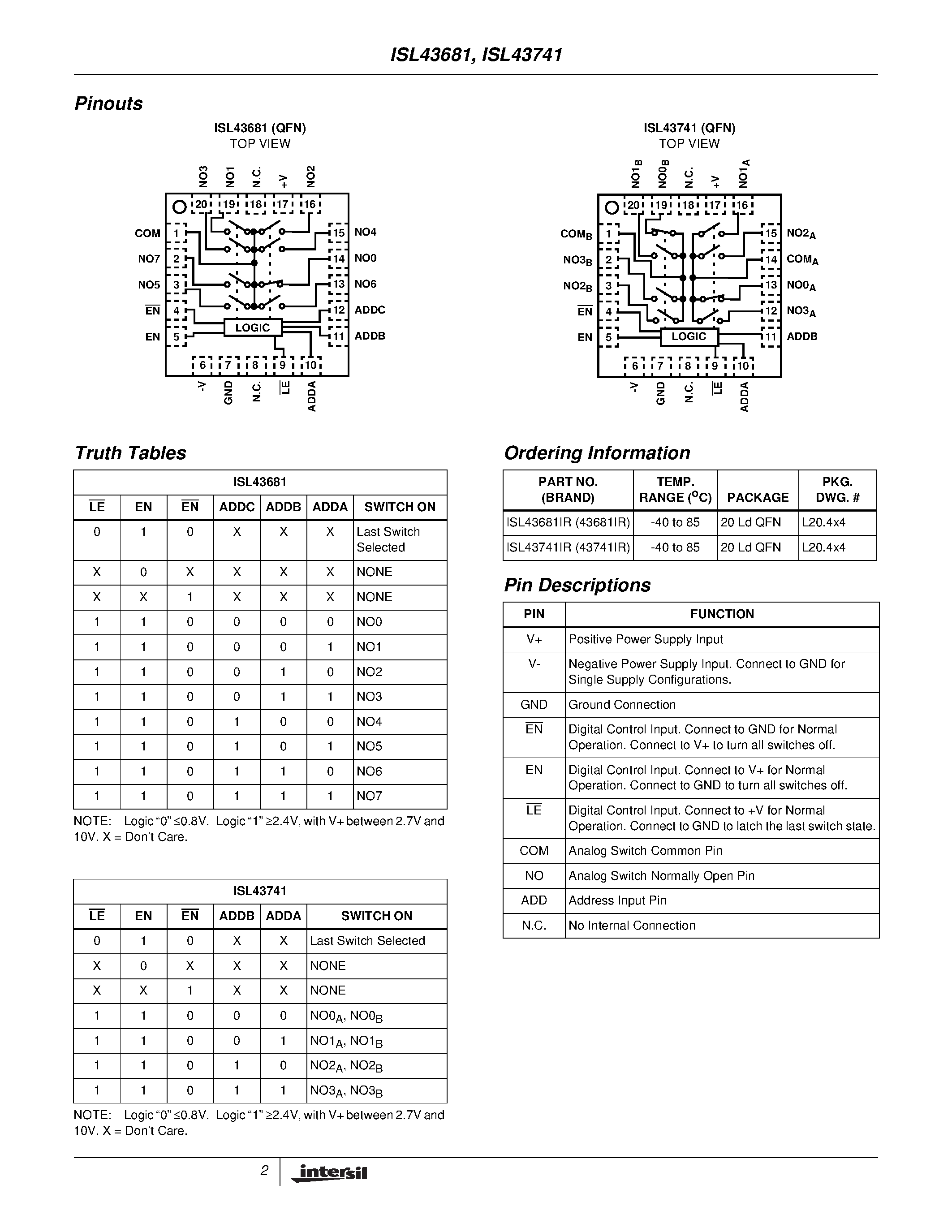 Даташит ISL43681 - Low-Voltage/ Single and Dual Supply/ 8 to 1 Multiplexer and Differential 4 to 1 Multiplexer страница 2