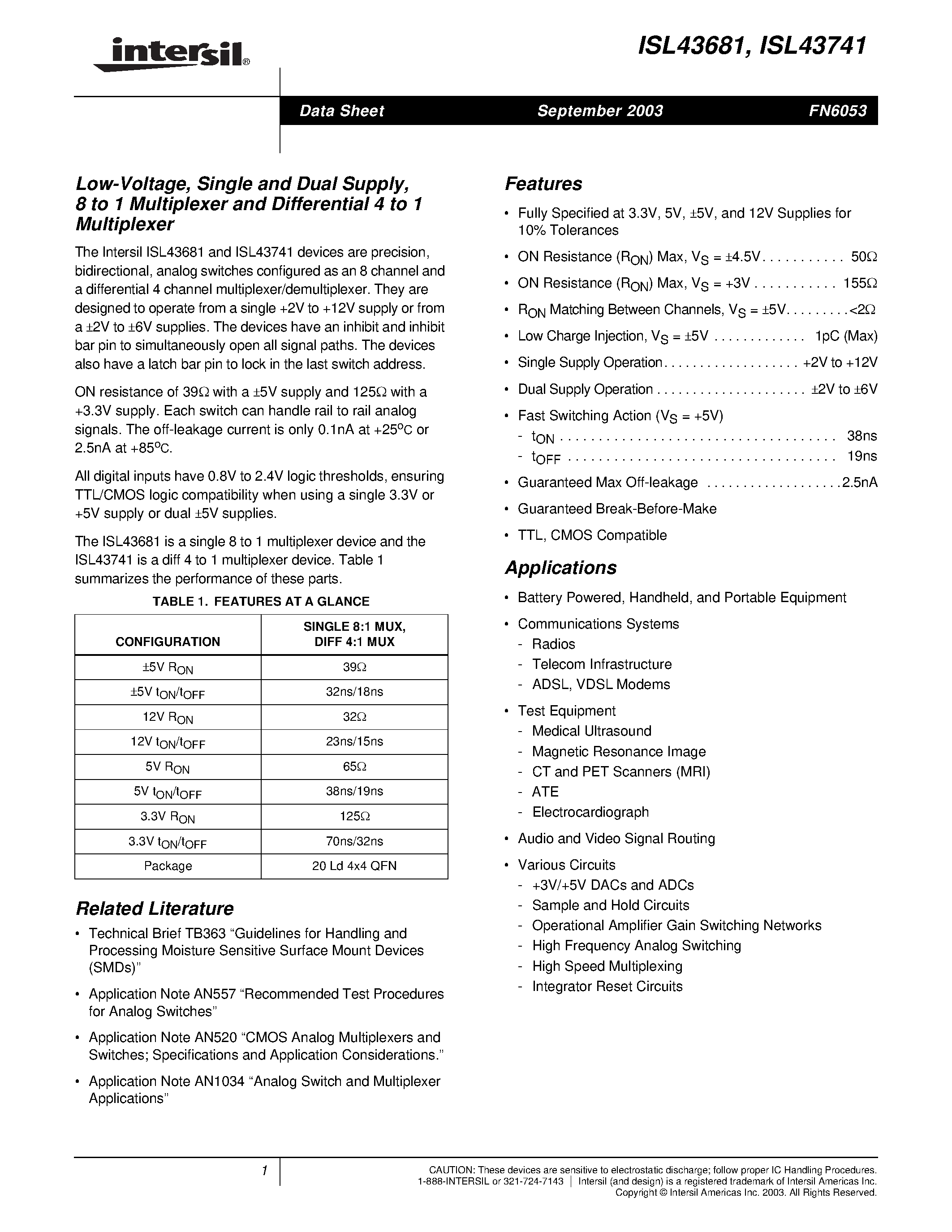 Даташит ISL43681IR - Low-Voltage/ Single and Dual Supply/ 8 to 1 Multiplexer and Differential 4 to 1 Multiplexer страница 1