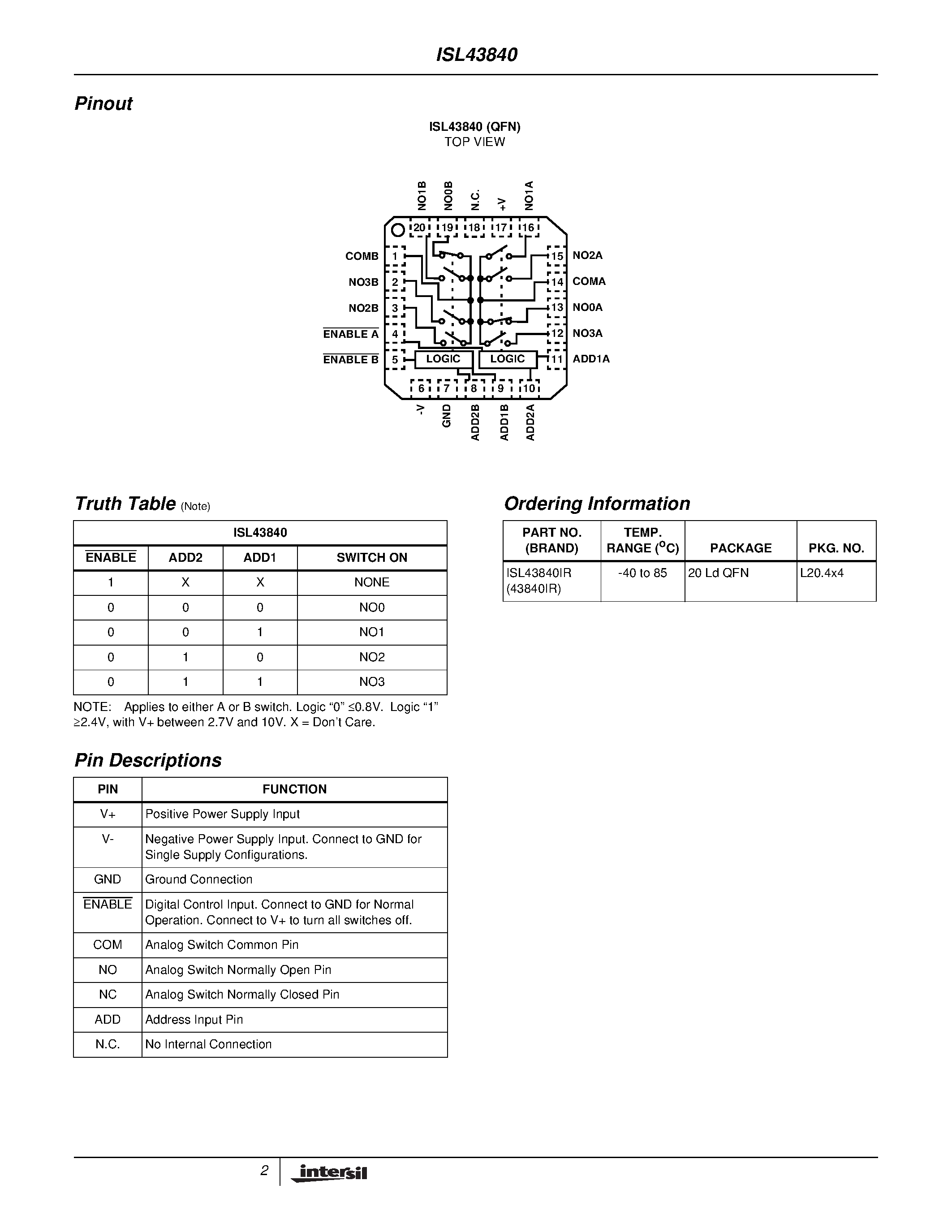 Даташит ISL43840 - Low-Voltage/ Single and Dual Supply/ Dual 4 to 1 Multiplexer Analog Switch with Enable страница 2