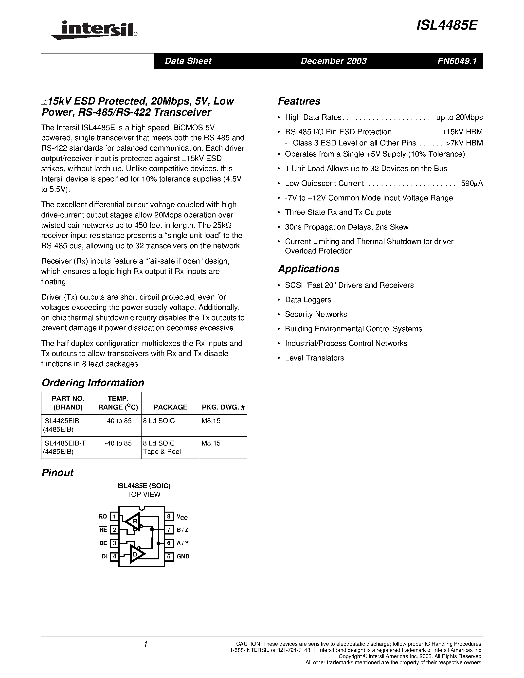 Datasheet ISL4485EIB - 15kV ESD Protected/ 20Mbps/ 5V/ Low Power/ RS-485/RS-422 Transceiver page 1