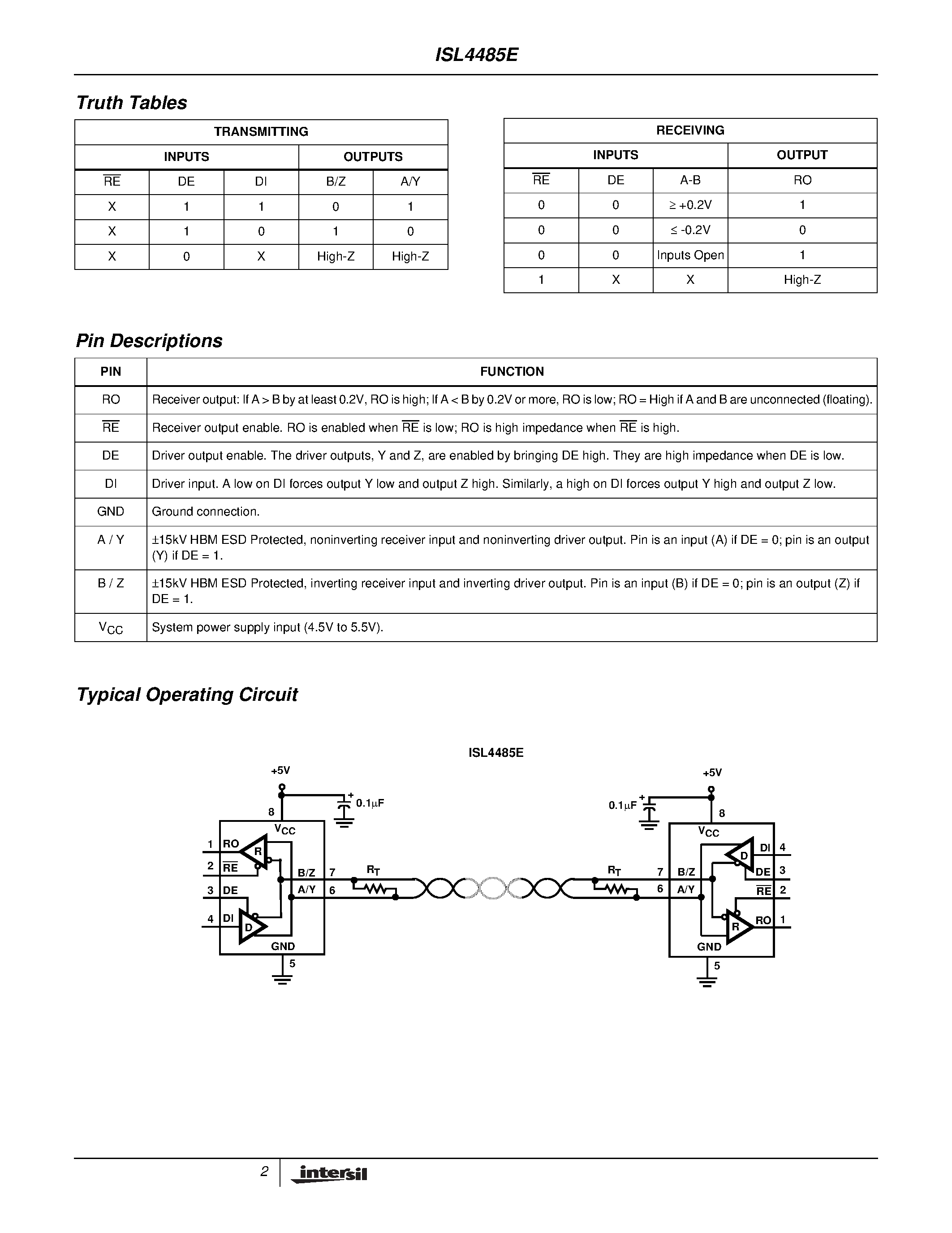 Datasheet ISL4485EIB - 15kV ESD Protected/ 20Mbps/ 5V/ Low Power/ RS-485/RS-422 Transceiver page 2