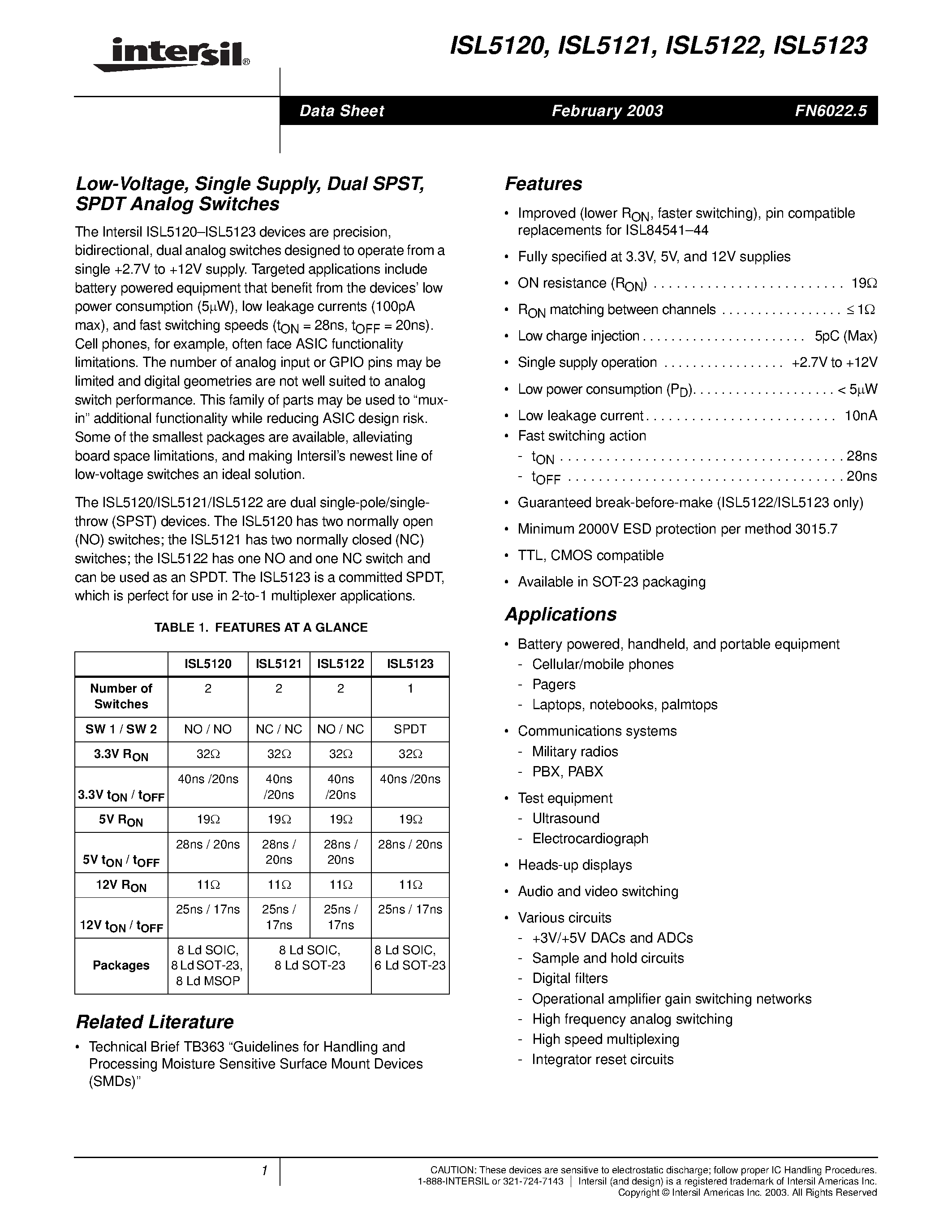 Datasheet ISL5123 - Low-Voltage/ Single Supply/ Dual SPST/ SPDT Analog Switches page 1