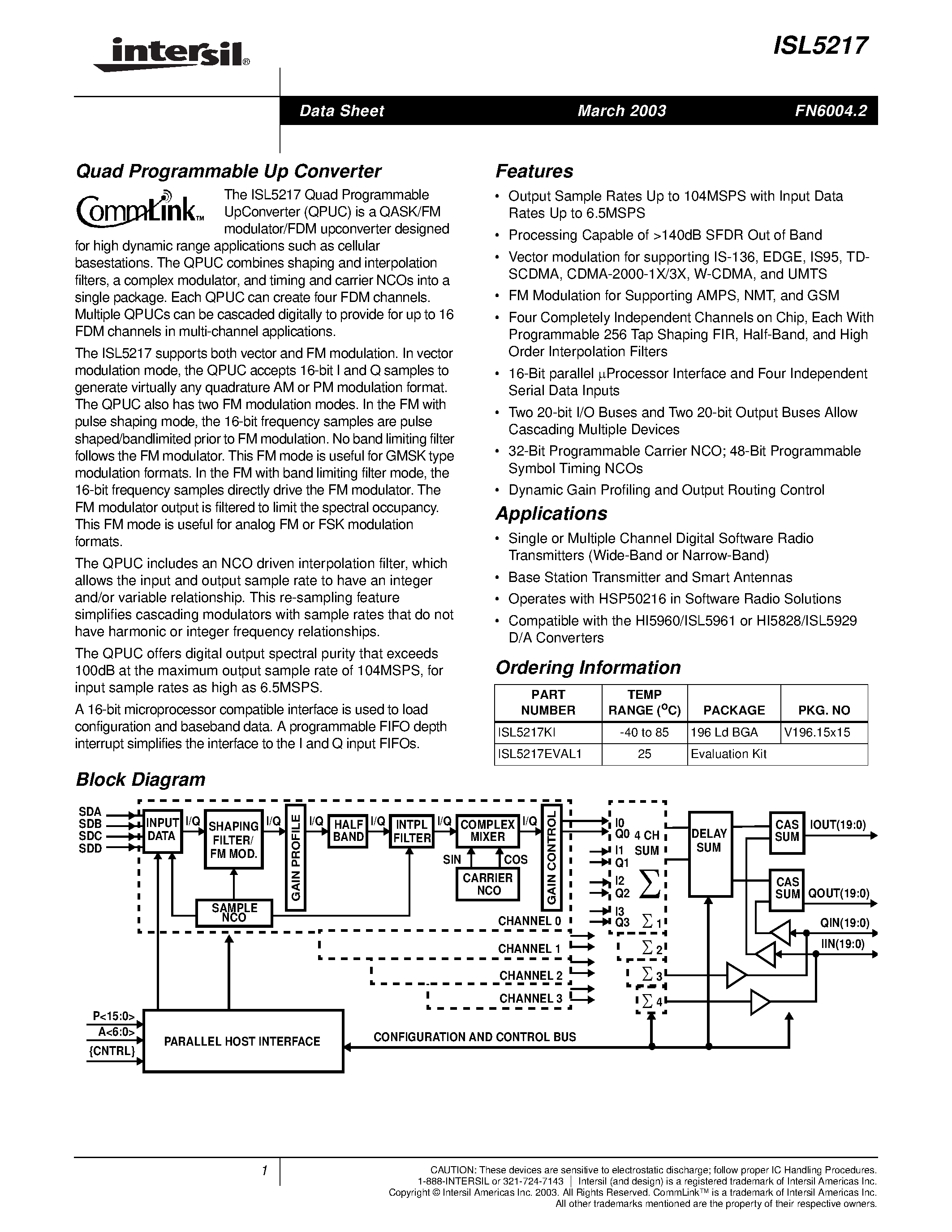 Datasheet ISL5217EVAL1 page 1 Datasheet ISL5217EVAL1 - Quad Programmable Up Converter page 1
