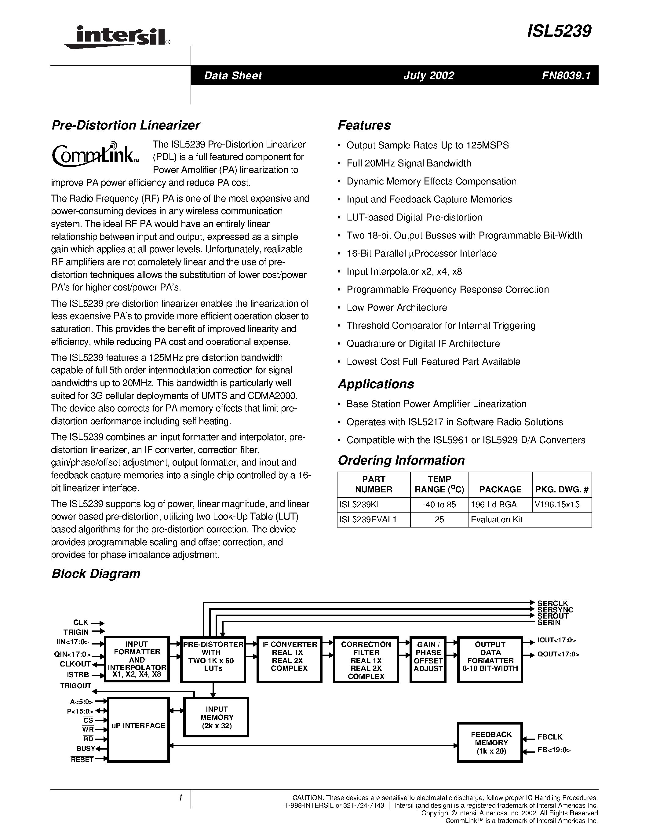 Datasheet ISL5239 - Pre-Distortion Linearizer page 1