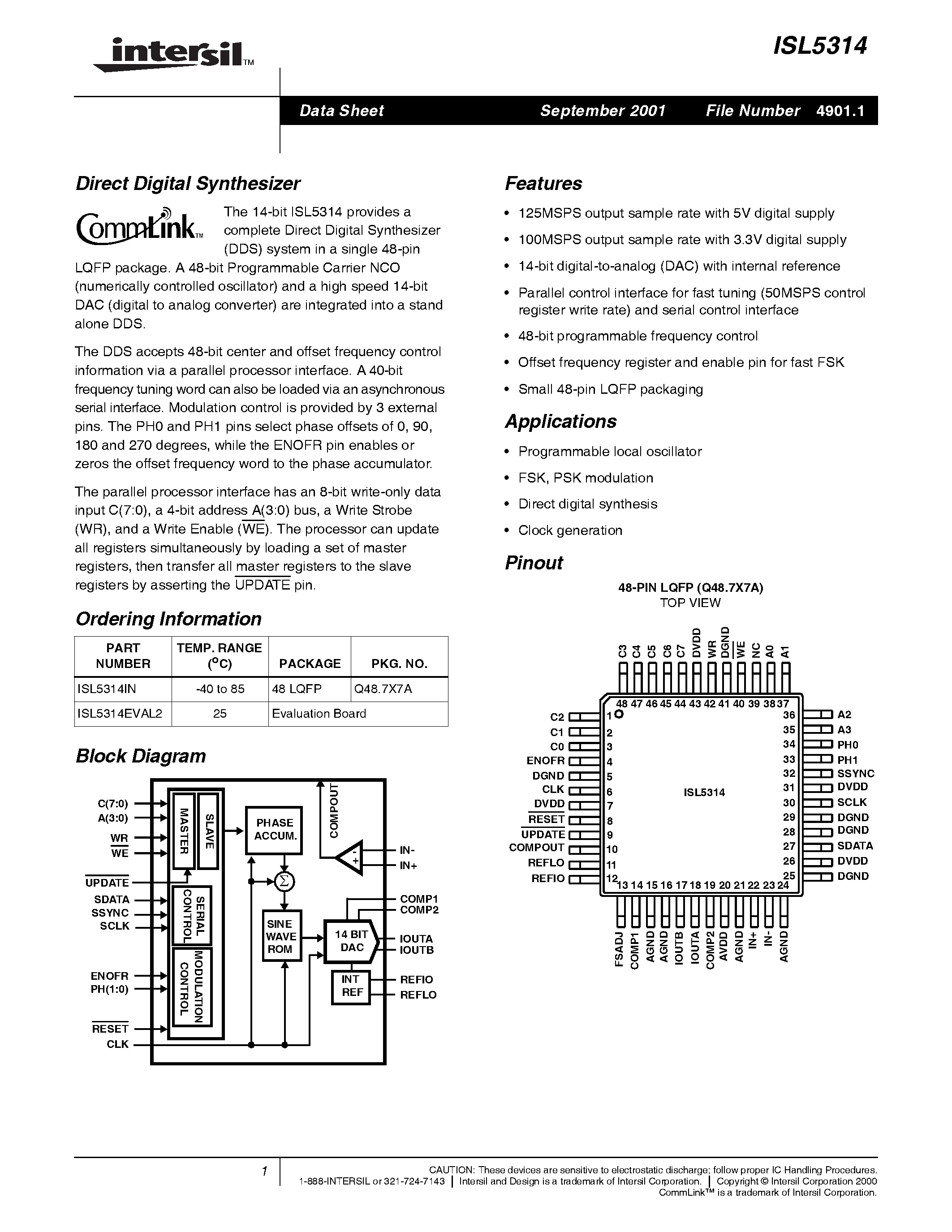 Datasheet ISL5314 - Direct Digital Synthesizer page 1