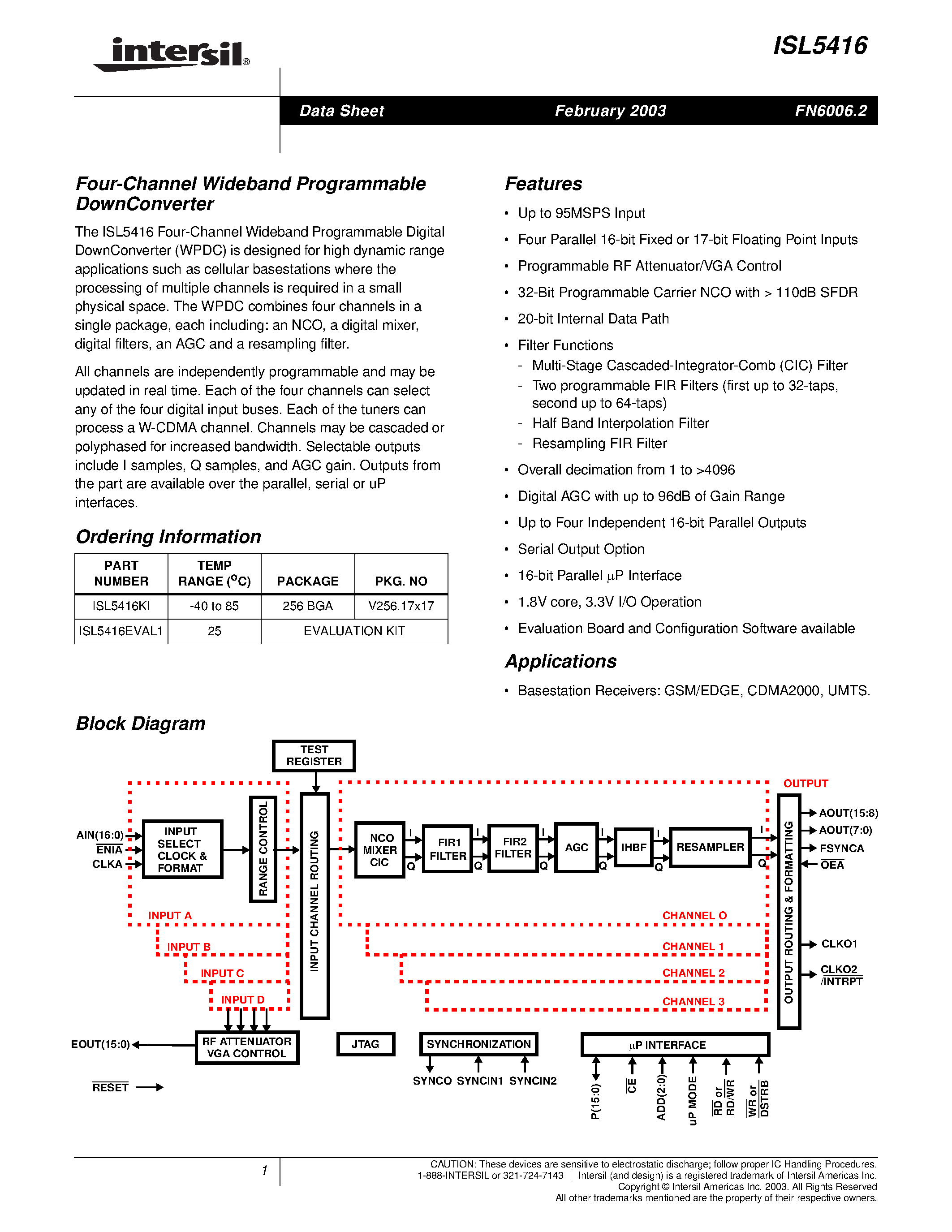 Datasheet ISL5416EVAL page 1 Datasheet ISL5416EVAL - Four-Channel Wideband Programmable DownConverter page 1