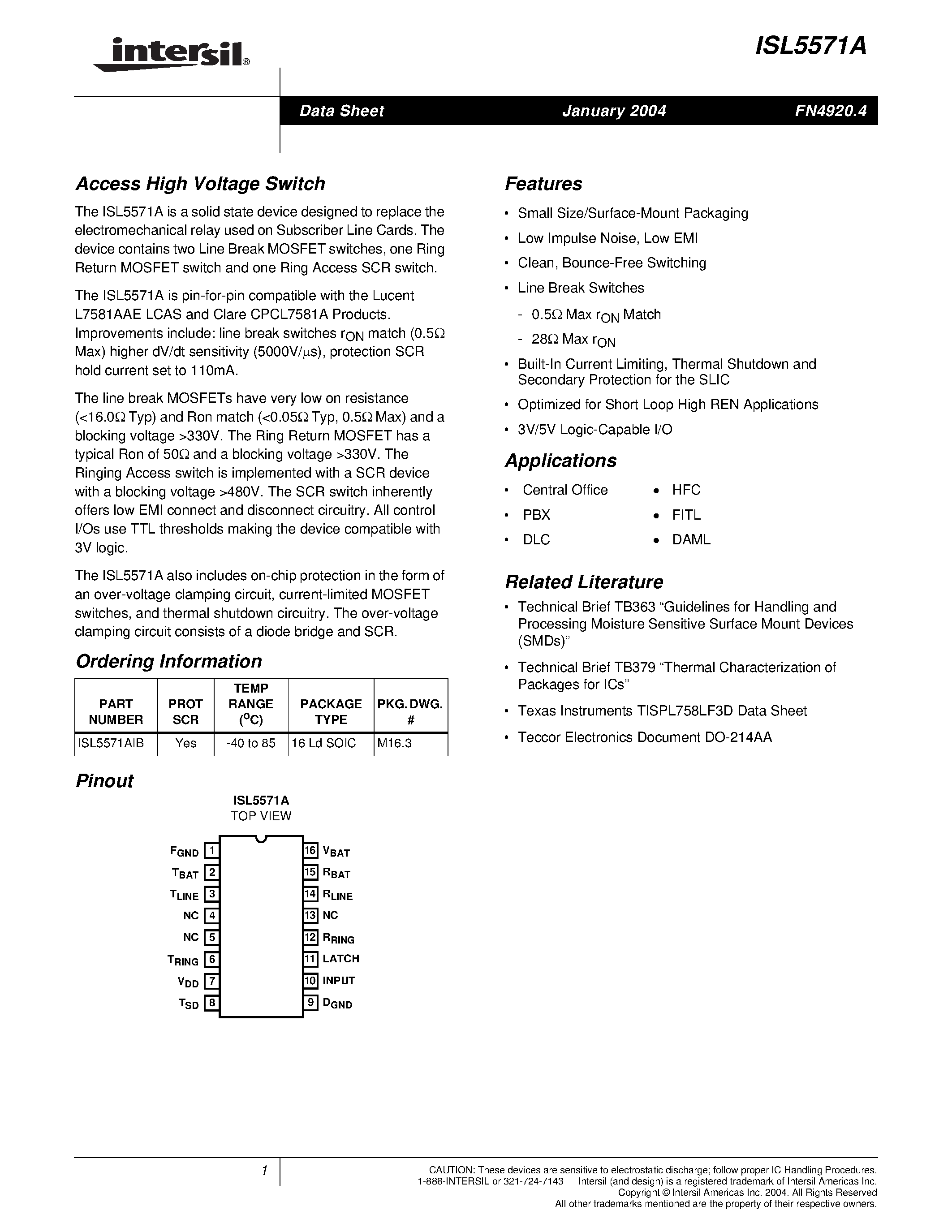 Datasheet ISL5571AIB - Access High Voltage Switch page 1