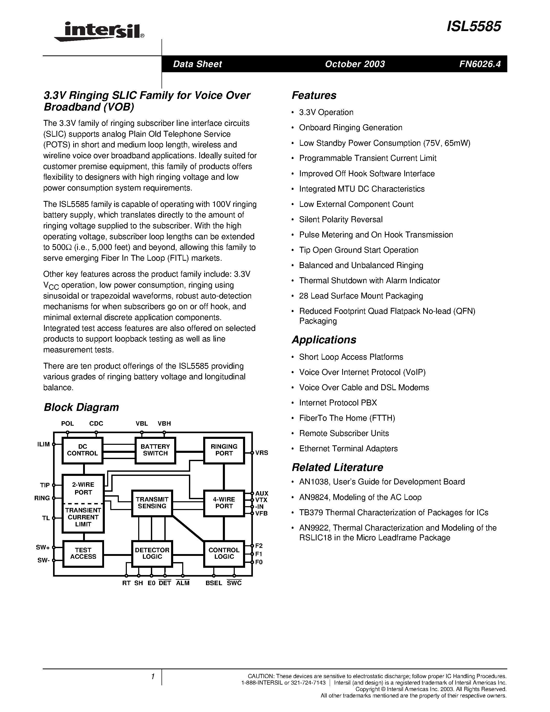 Datasheet ISL5585AIM page 1 Datasheet ISL5585AIM - 3.3V Ringing SLIC Family for Voice Over Broadband VOB page 1