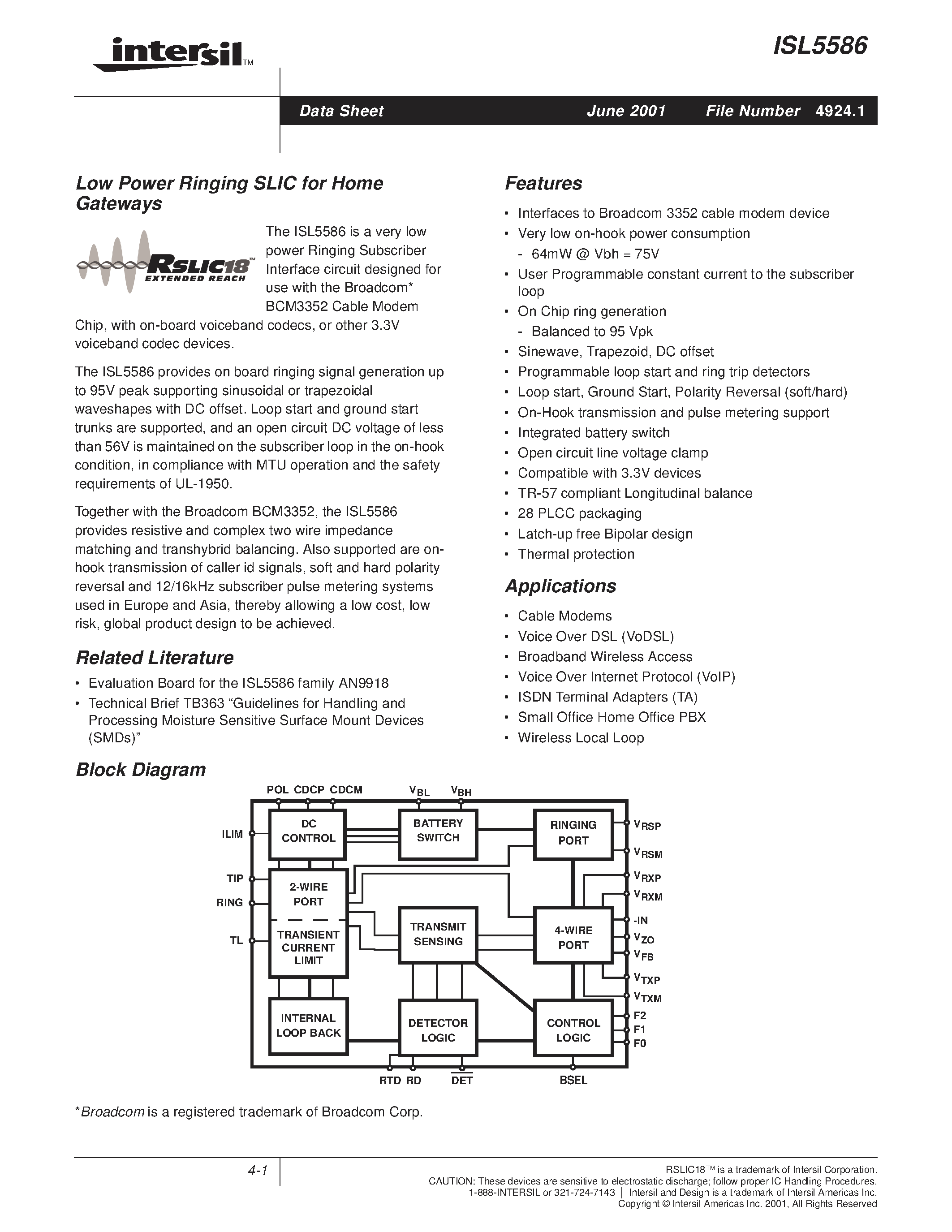 Datasheet ISL5586CIM - Low Power Ringing SLIC for Home Gateways page 1