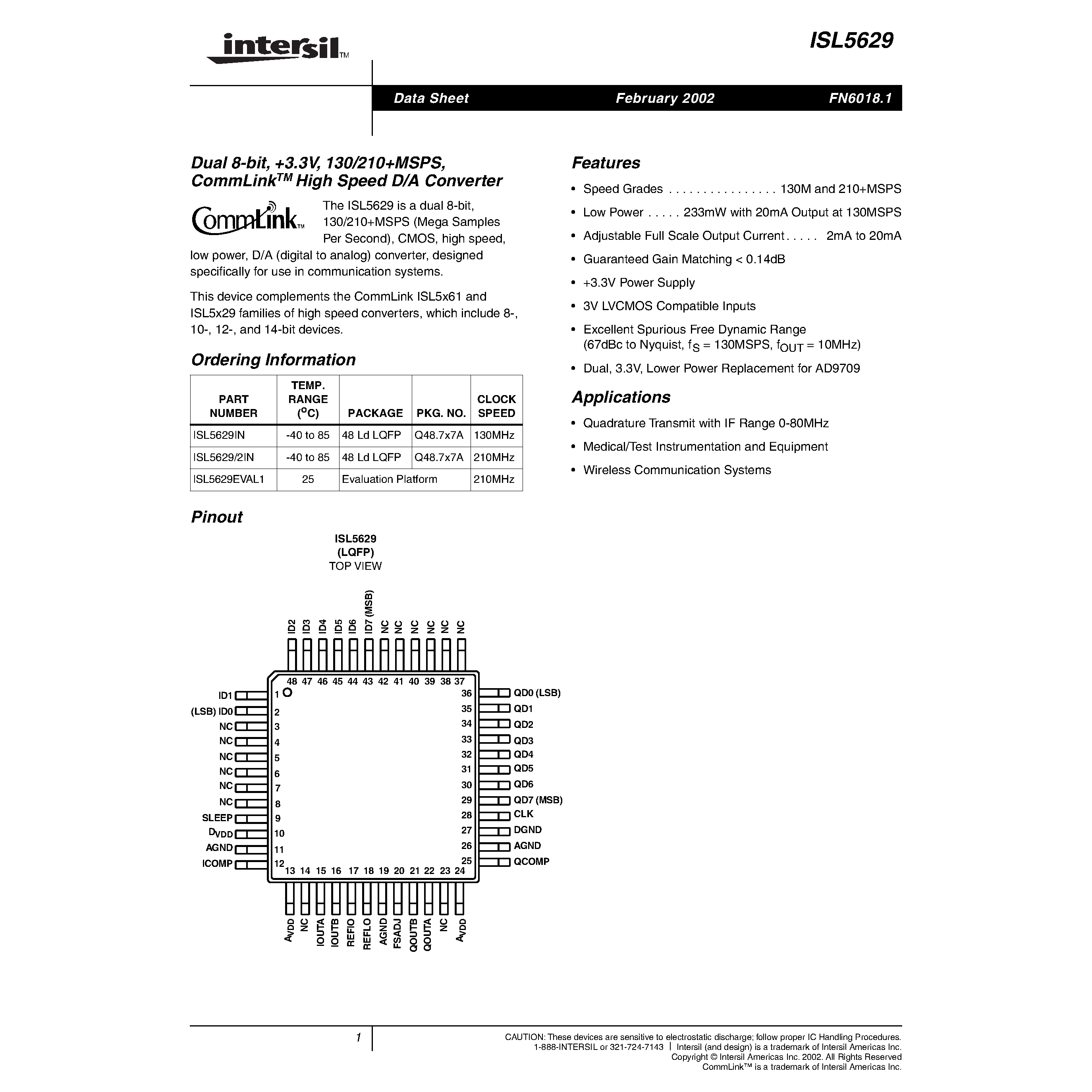 Даташит ISL5629EVAL1 - Dual 8-bit/ +3.3V/ 130/210MSPS/ CommLink TM High Speed D/A Converter страница 1