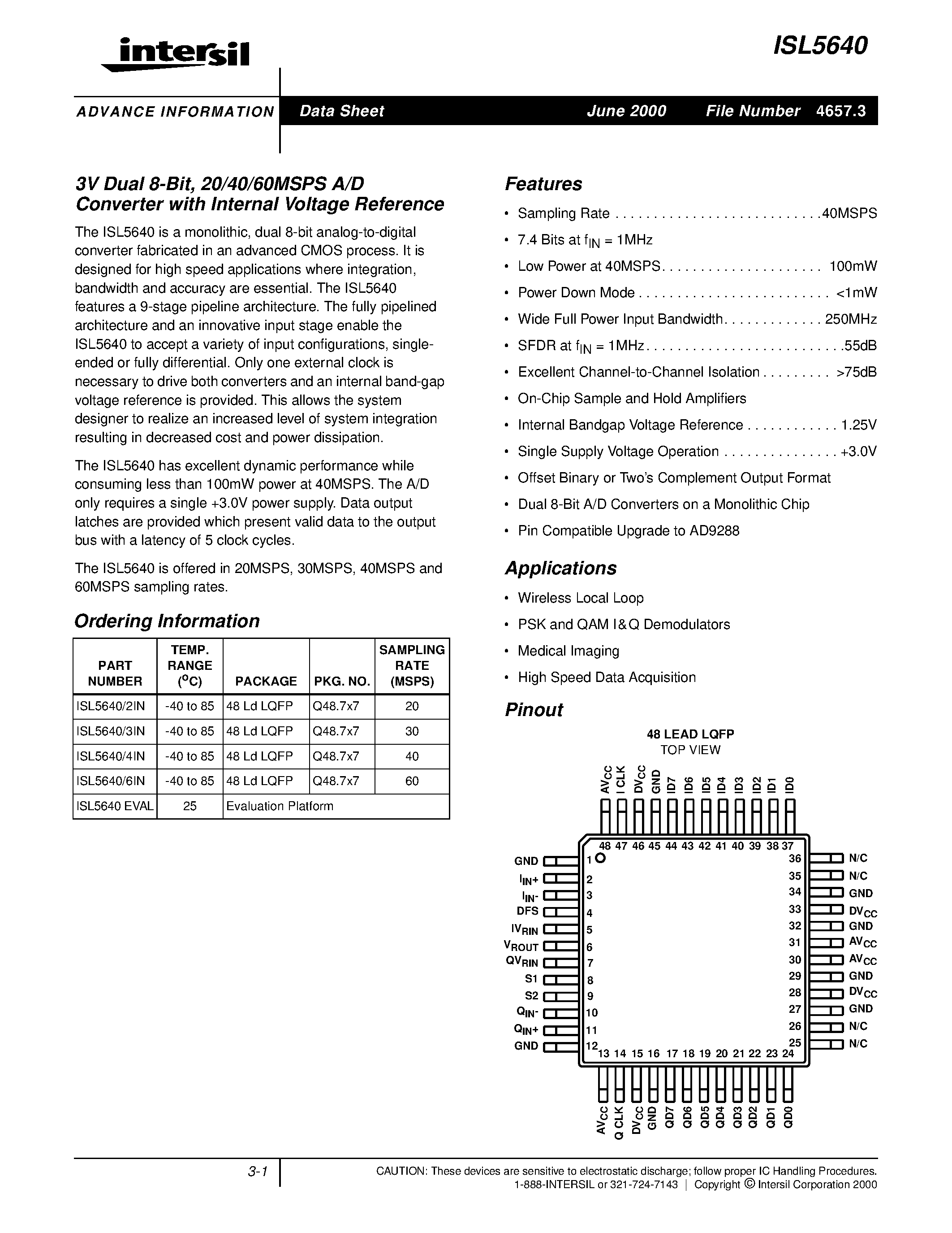 Даташит ISL56403IN - 3V Dual 8-Bit/ 20/40/60MSPS A/D Converter with Internal Voltage Reference страница 1